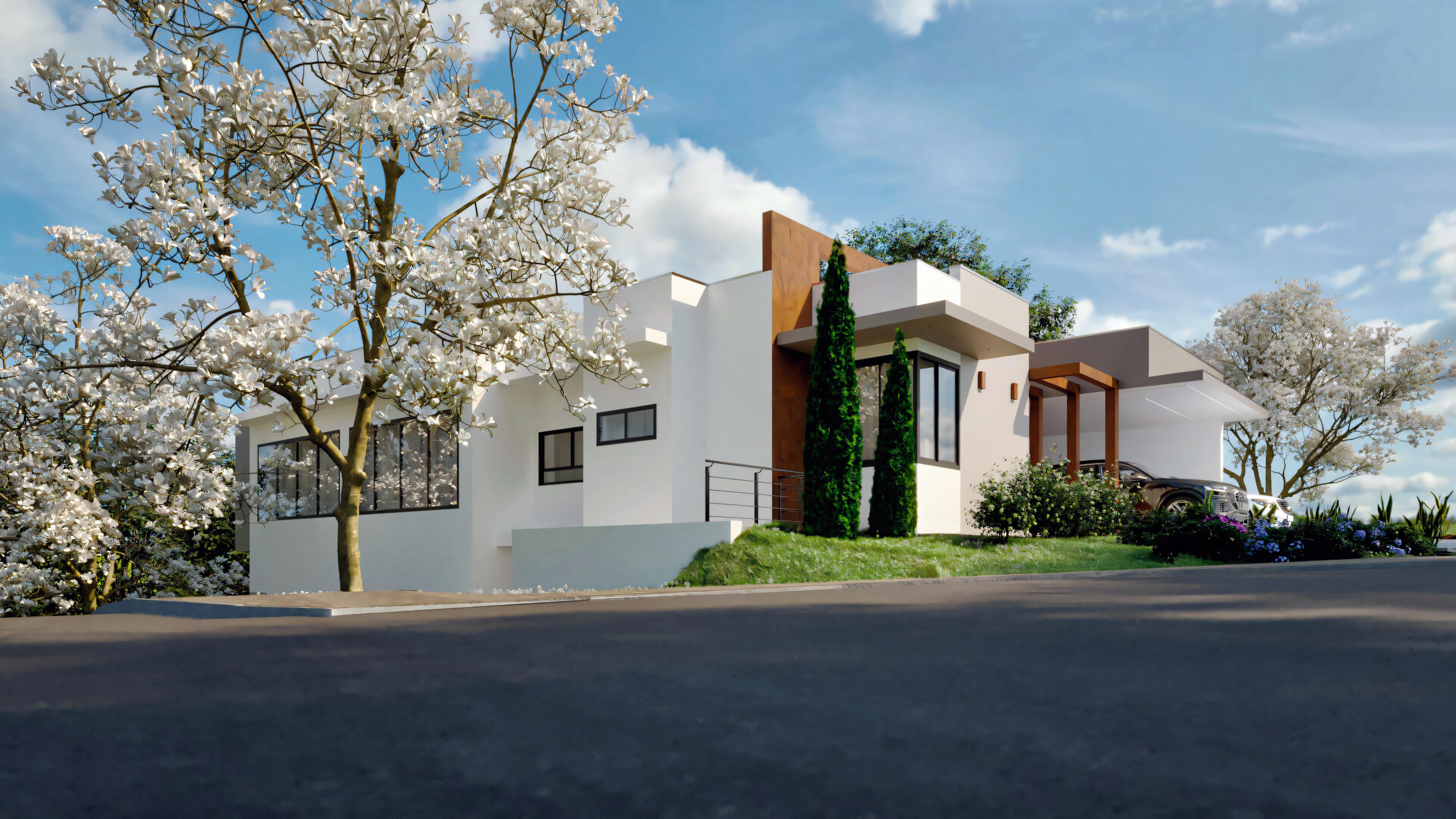 Vista lateral de proyecto listo para casa térrea con 5 suites y área de 364.7m². Diseño moderno con fachada clara, carpinterías oscuras, detalle vertical en relieve y paisajismo integrado.