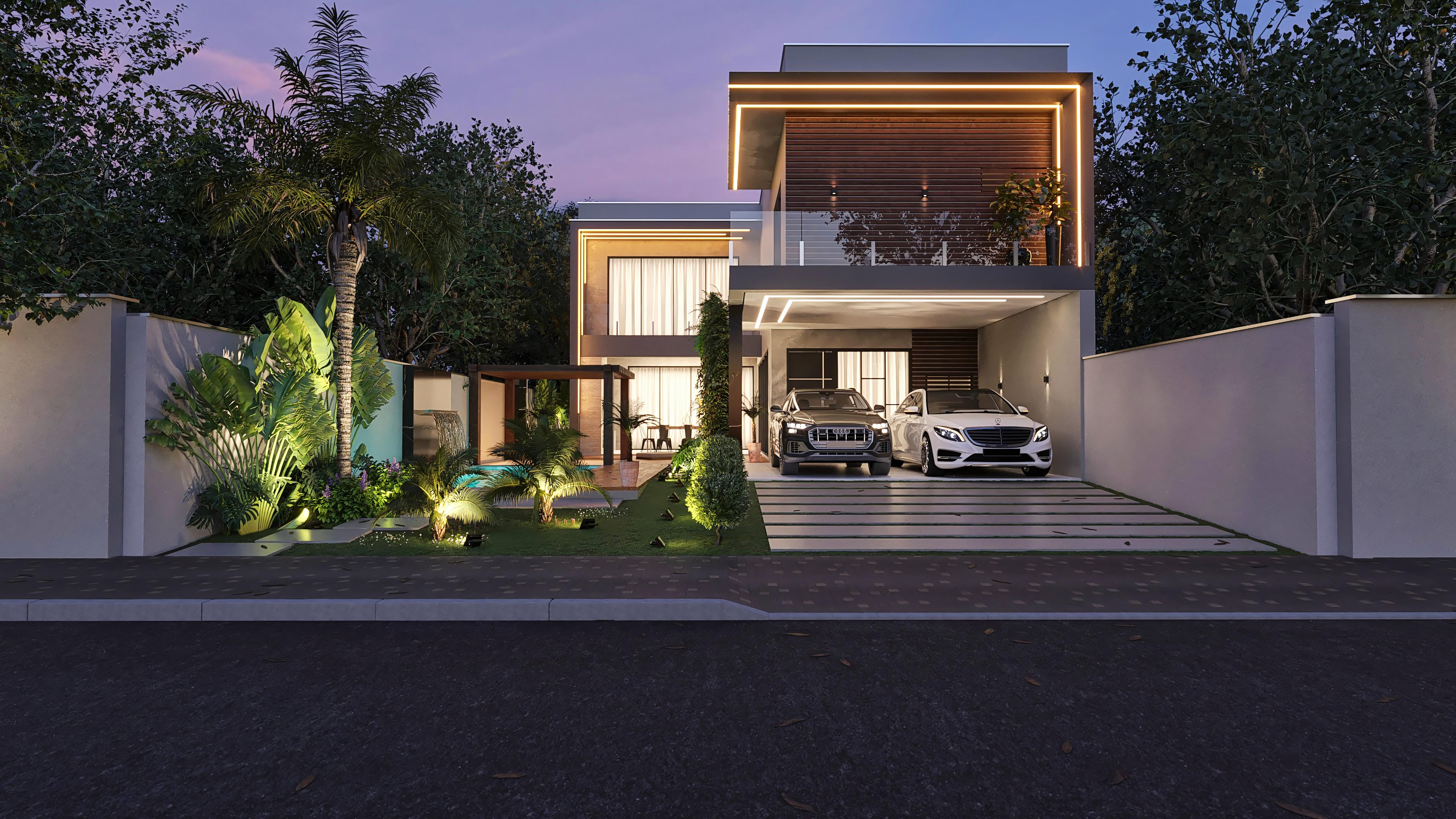 Fachada moderna de sobrado com 4 suítes, área gourmet com piscina, destaque para volumes, iluminação e materiais.