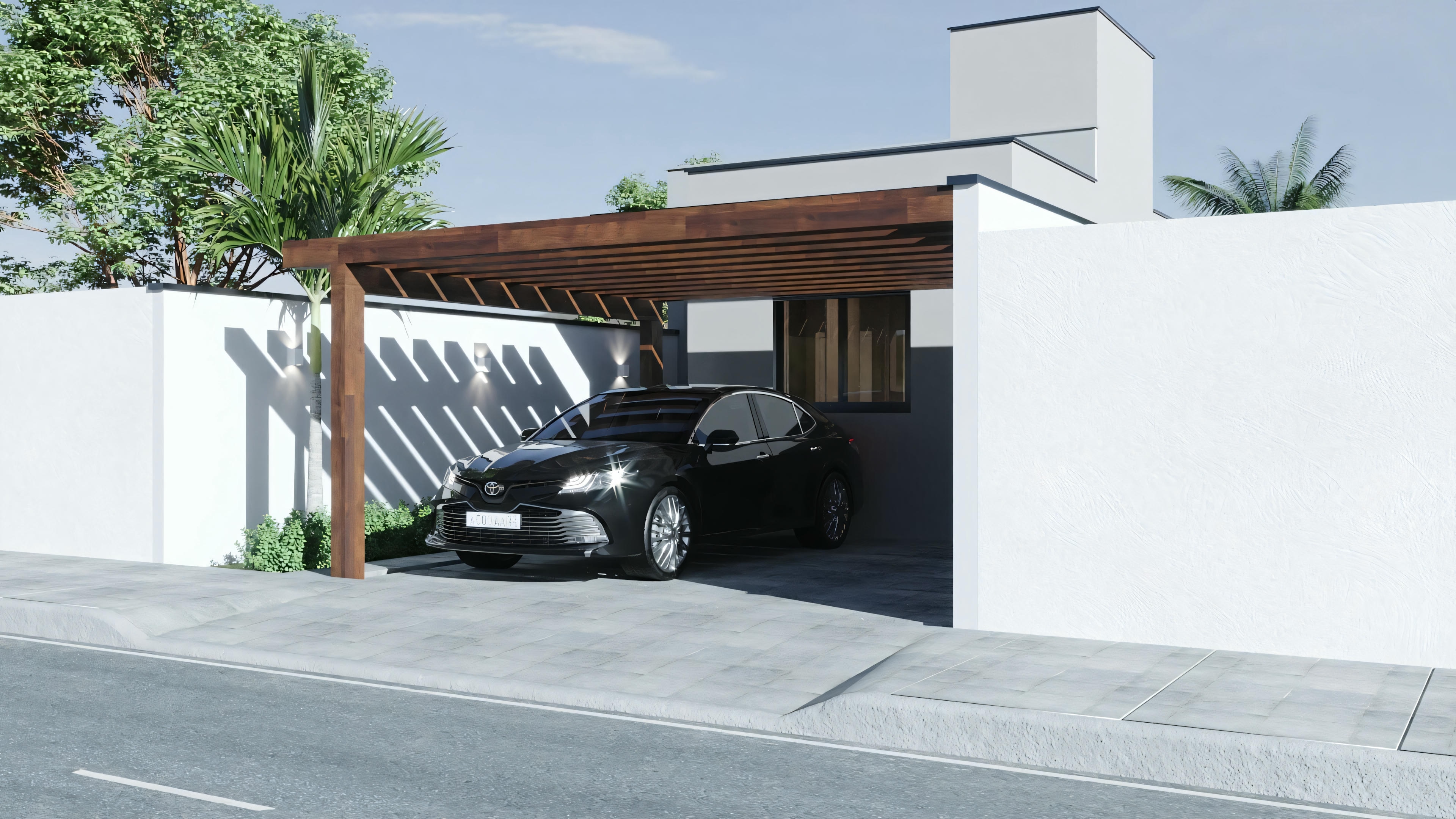Vista lateral de una casa moderna con coche en la entrada y vegetación alrededor.
