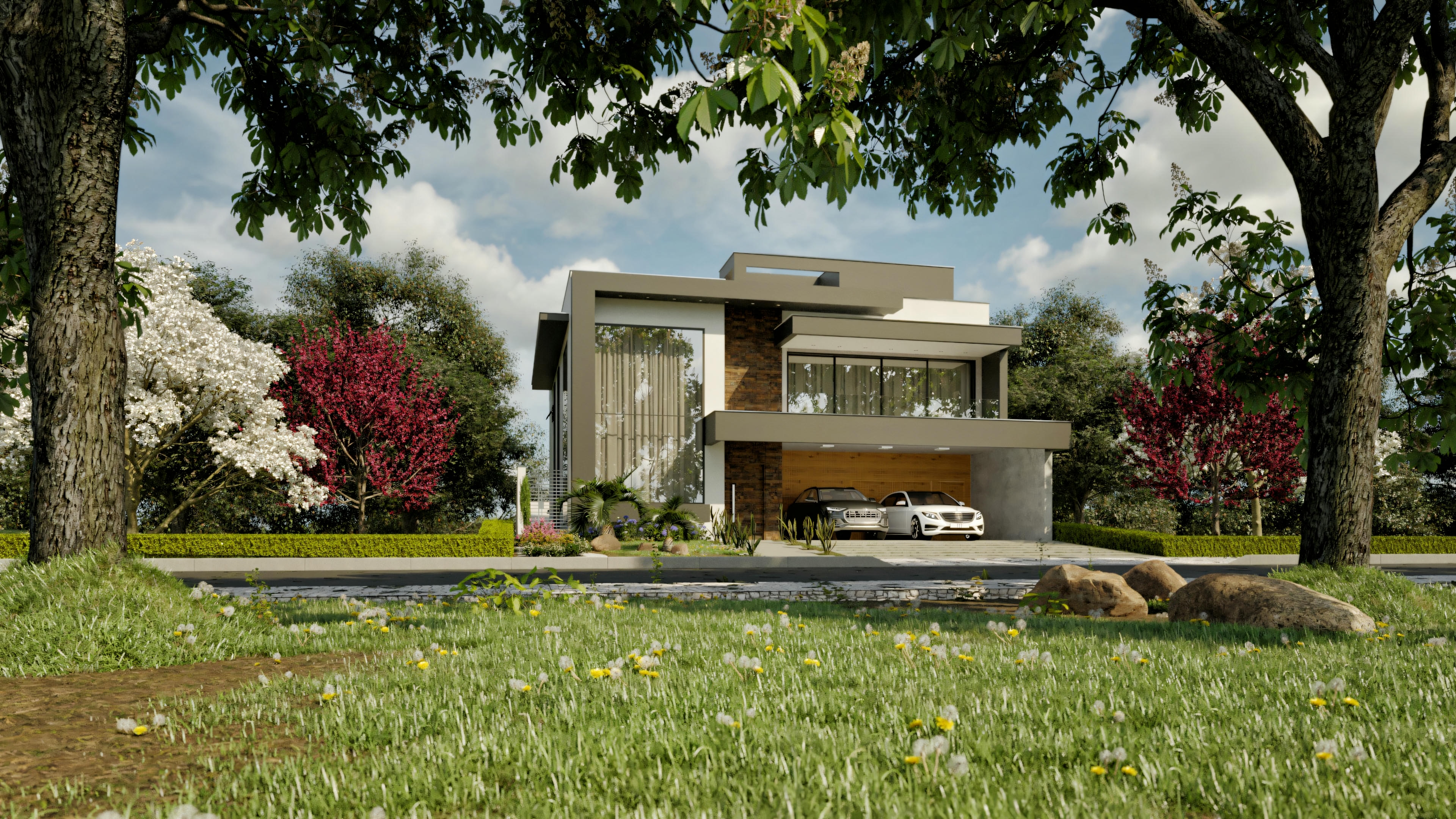 Vista diurna da fachada de casa de alto padrão com 5 suítes e 386m². Arquitetura moderna com revestimento em pedra, amplas janelas, garagem para 2 carros, cercada por jardim com gramado e árvores.
