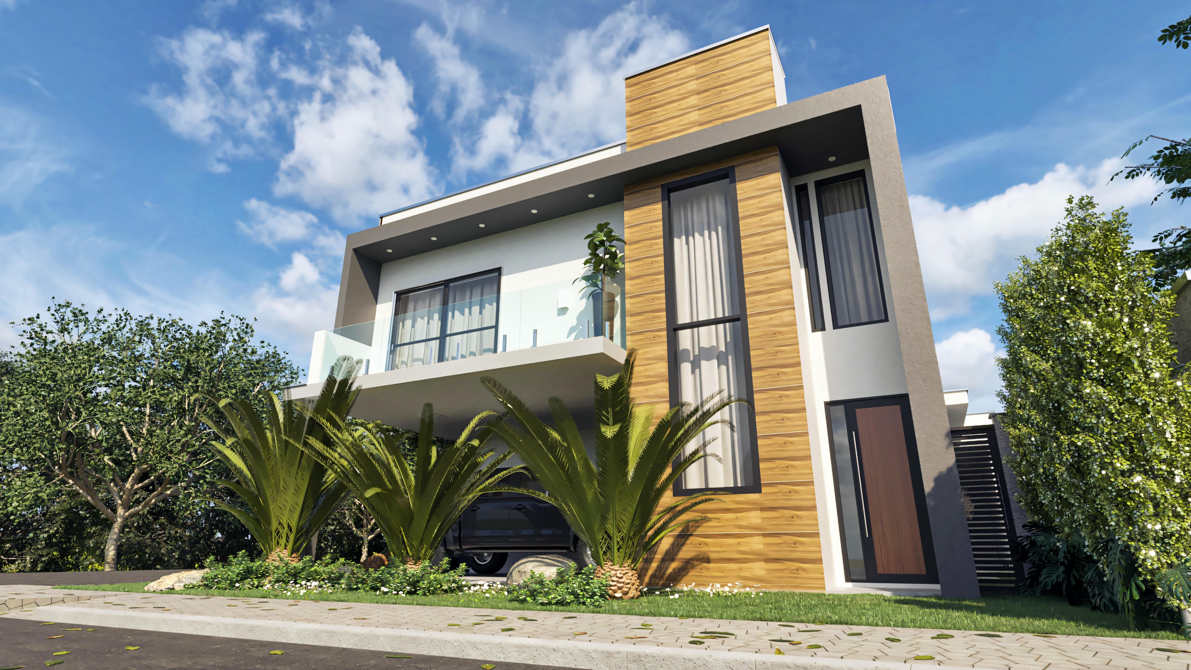 Vista frontal de casa de dos plantas con balcón moderno en el andar superior. Detalles incluyen galería con vidrio, garaje doble cubierto y acabados en madera. Proyecto de 210.57m² con 4 habitaciones (3 suites).