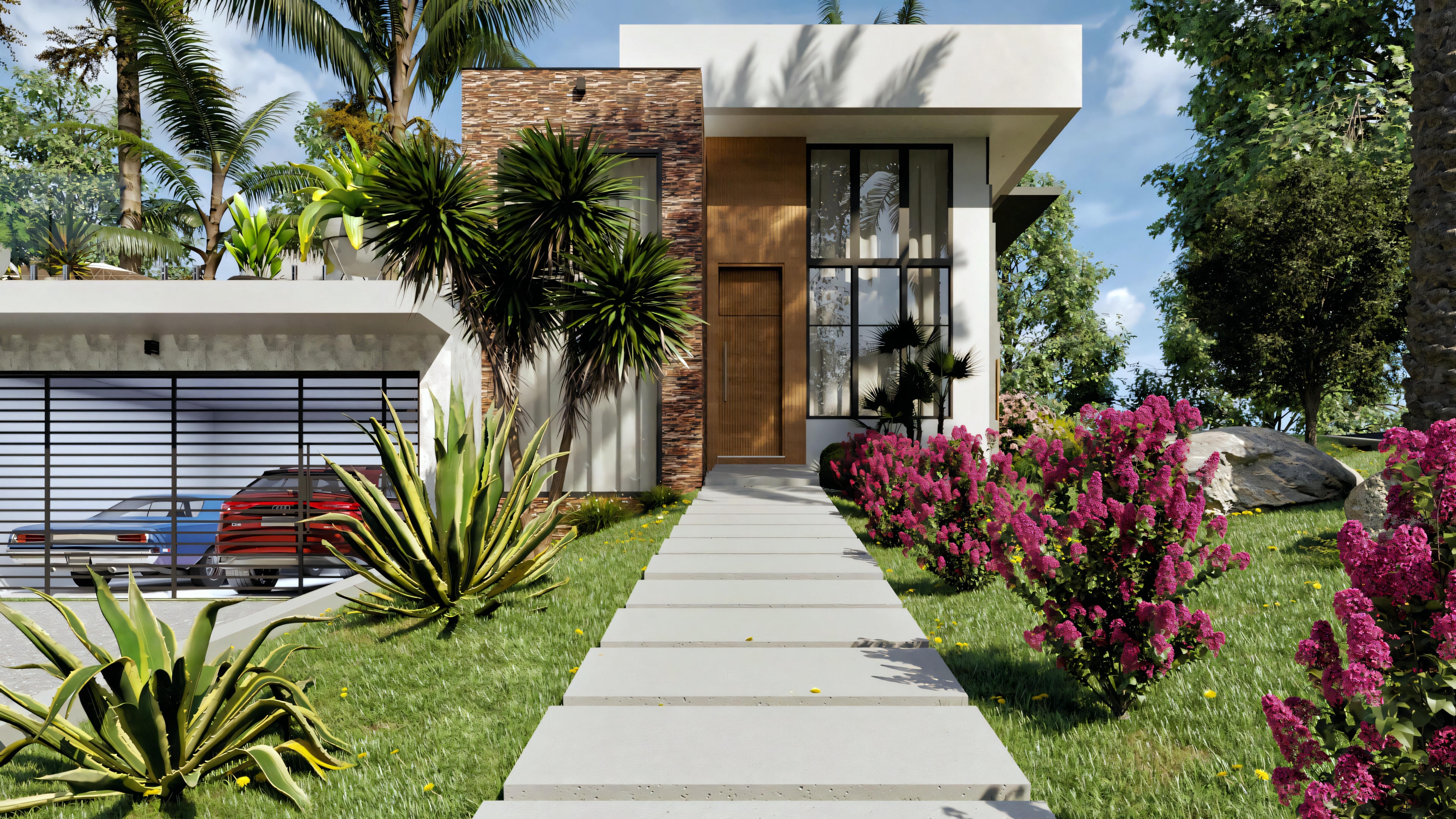 Vista exterior de una casa moderna con tejado plano, grandes ventanales y entrada de garaje.