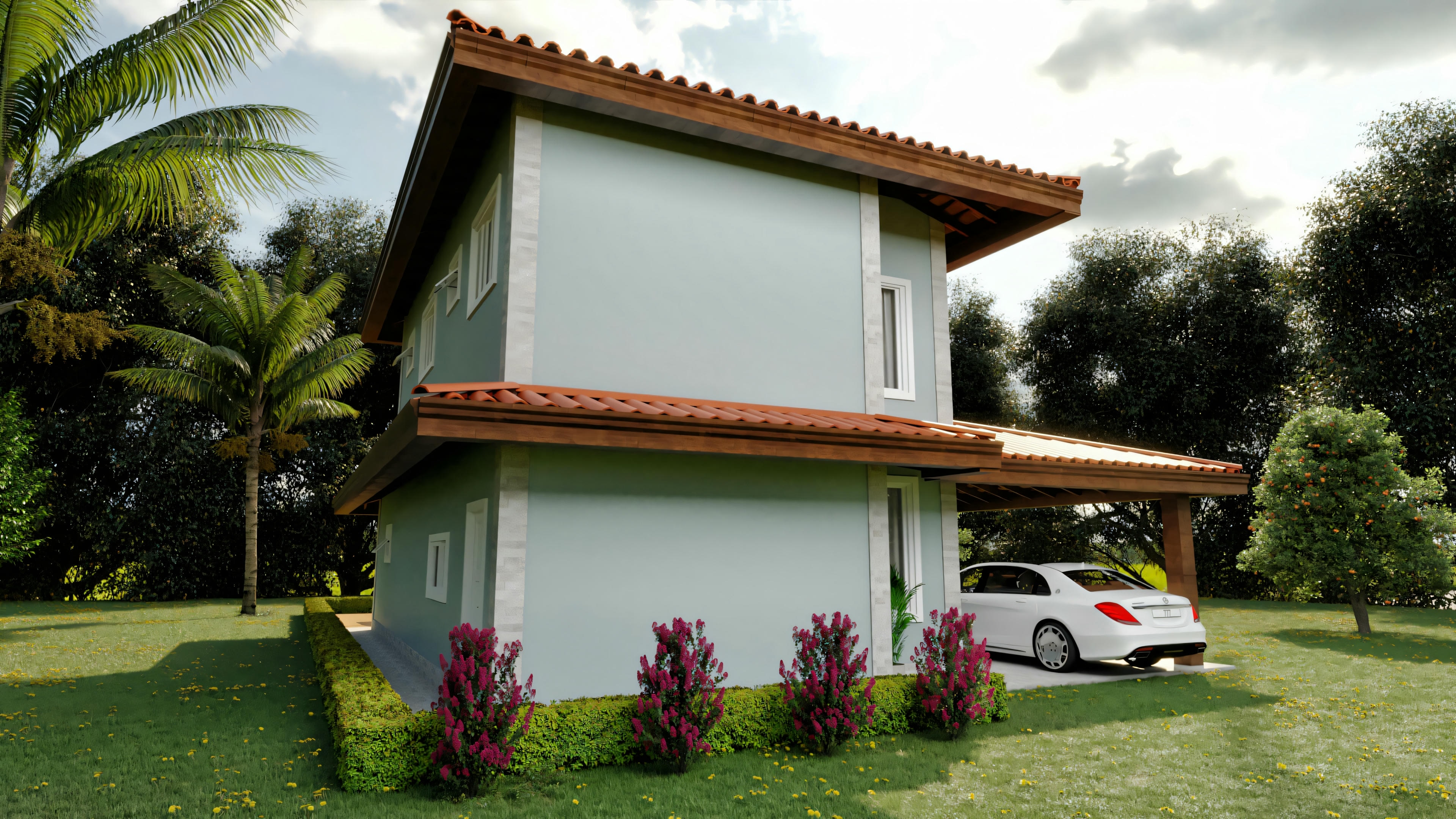 Fachada de uma casa de dois andares com exterior branco, telhas vermelhas e cercada por vegetação.