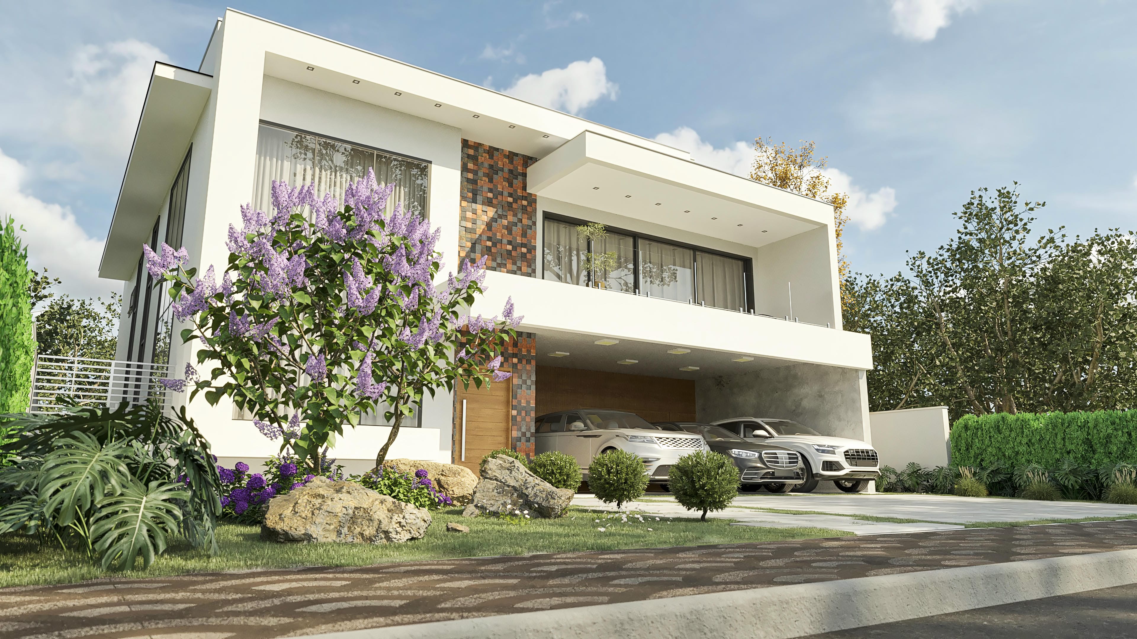 Fachada moderna de casa de dos pisos con 4 suites, oficina y bodega. Proyecto de concepto abierto, amplio espacio y acabados de alto estándar.