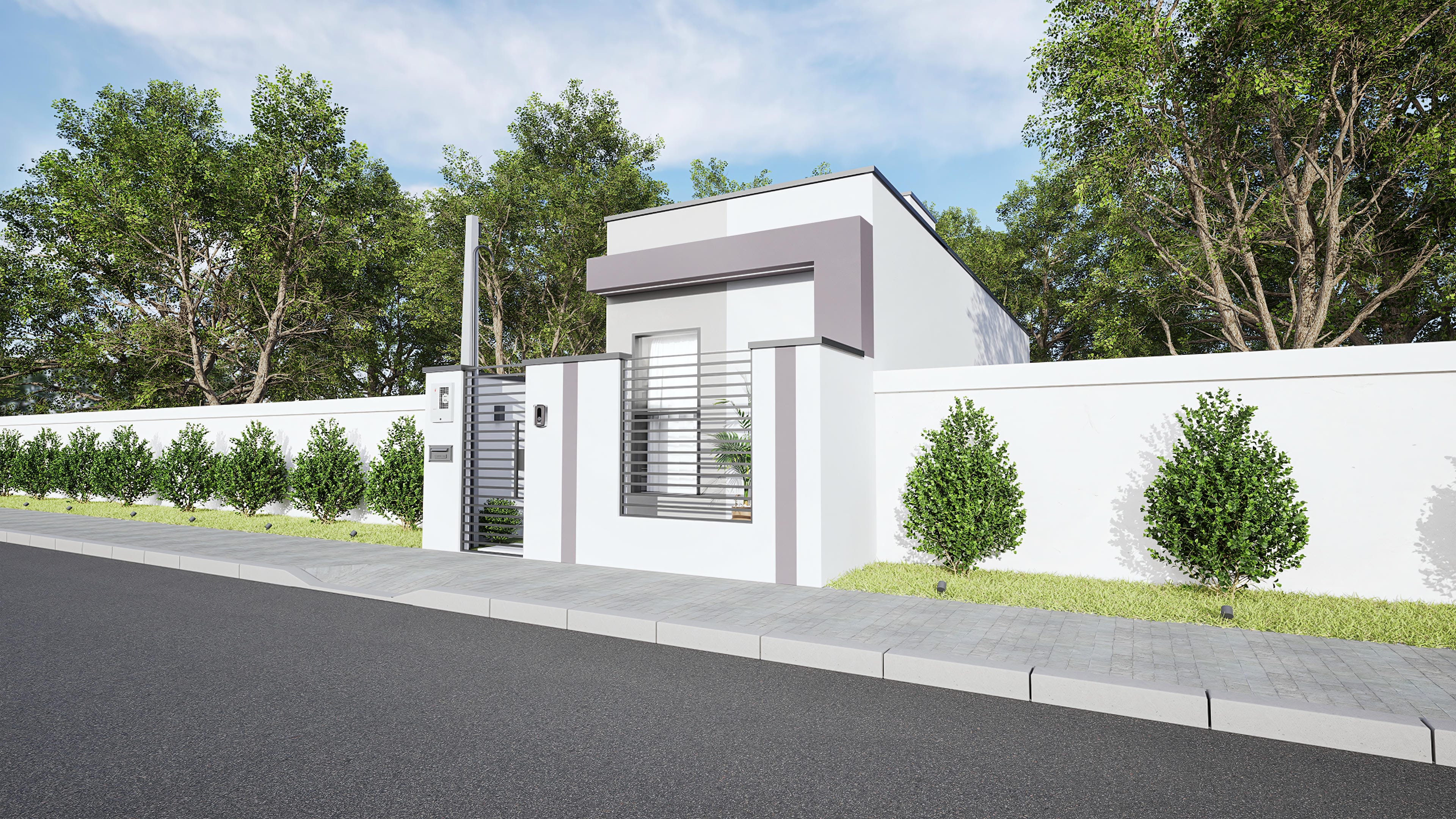Fachada de casa de una planta moderna en tonos de blanco y gris, con portón de metal y ventanas con rejas discretas, integrada a un paisajismo minimalista.