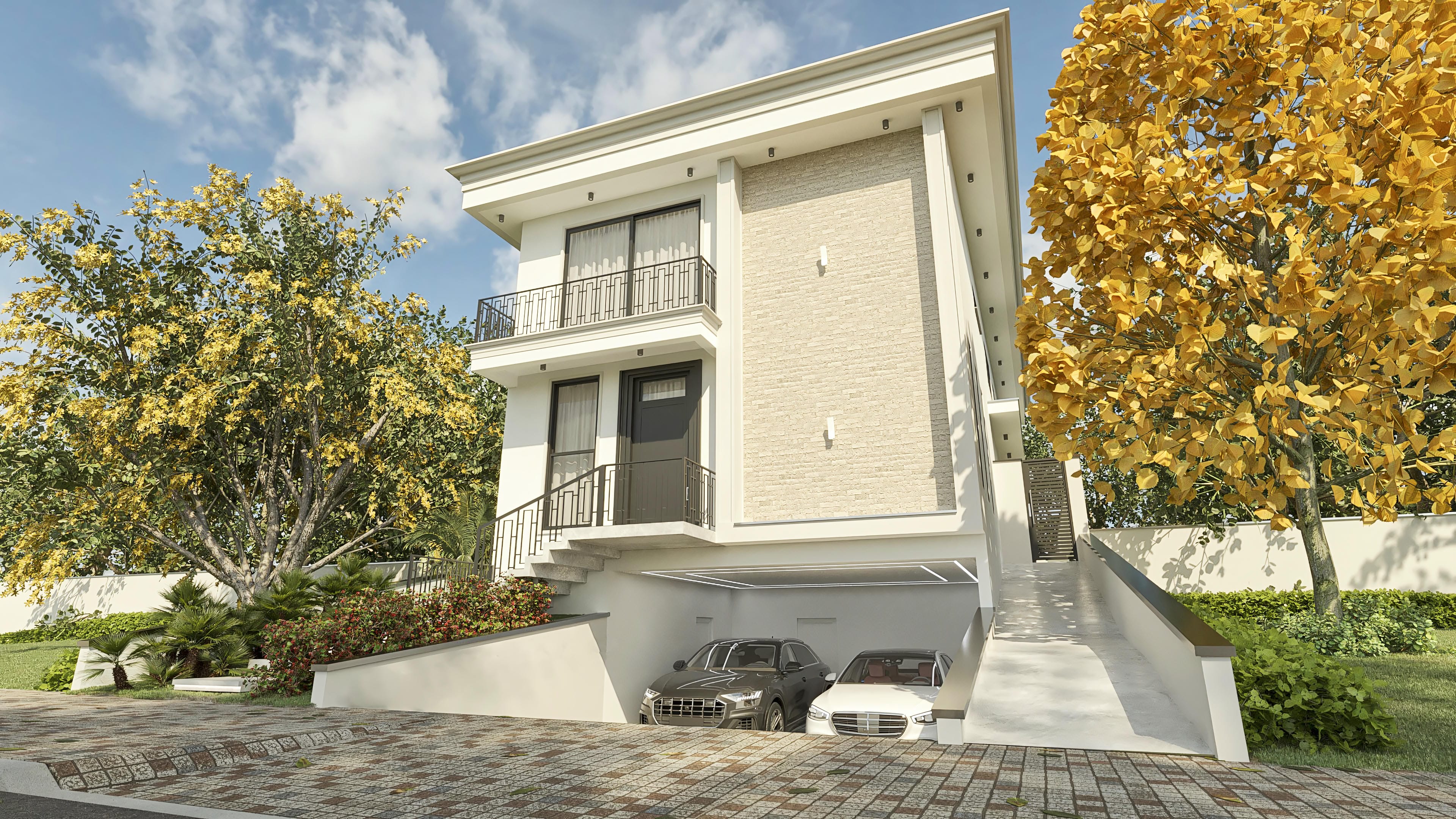 Fachada clásica de casa de dos pisos de lujo con 4 suites, revestimiento en ladrillo claro, detalles en blanco y balcones con barandillas metálicas.