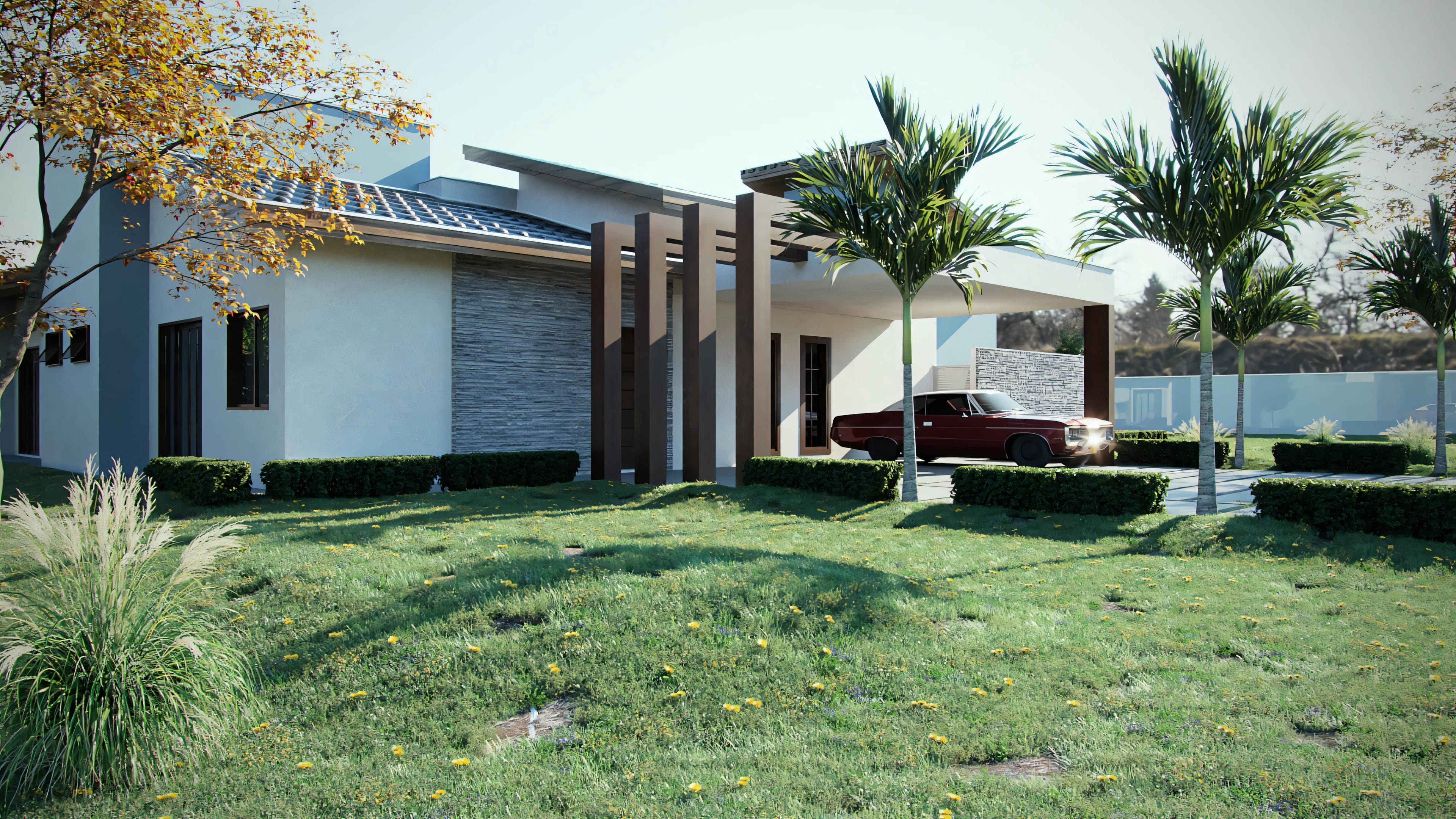 Vista de uma casa moderna com área de estar ao ar livre e vegetação ao redor.