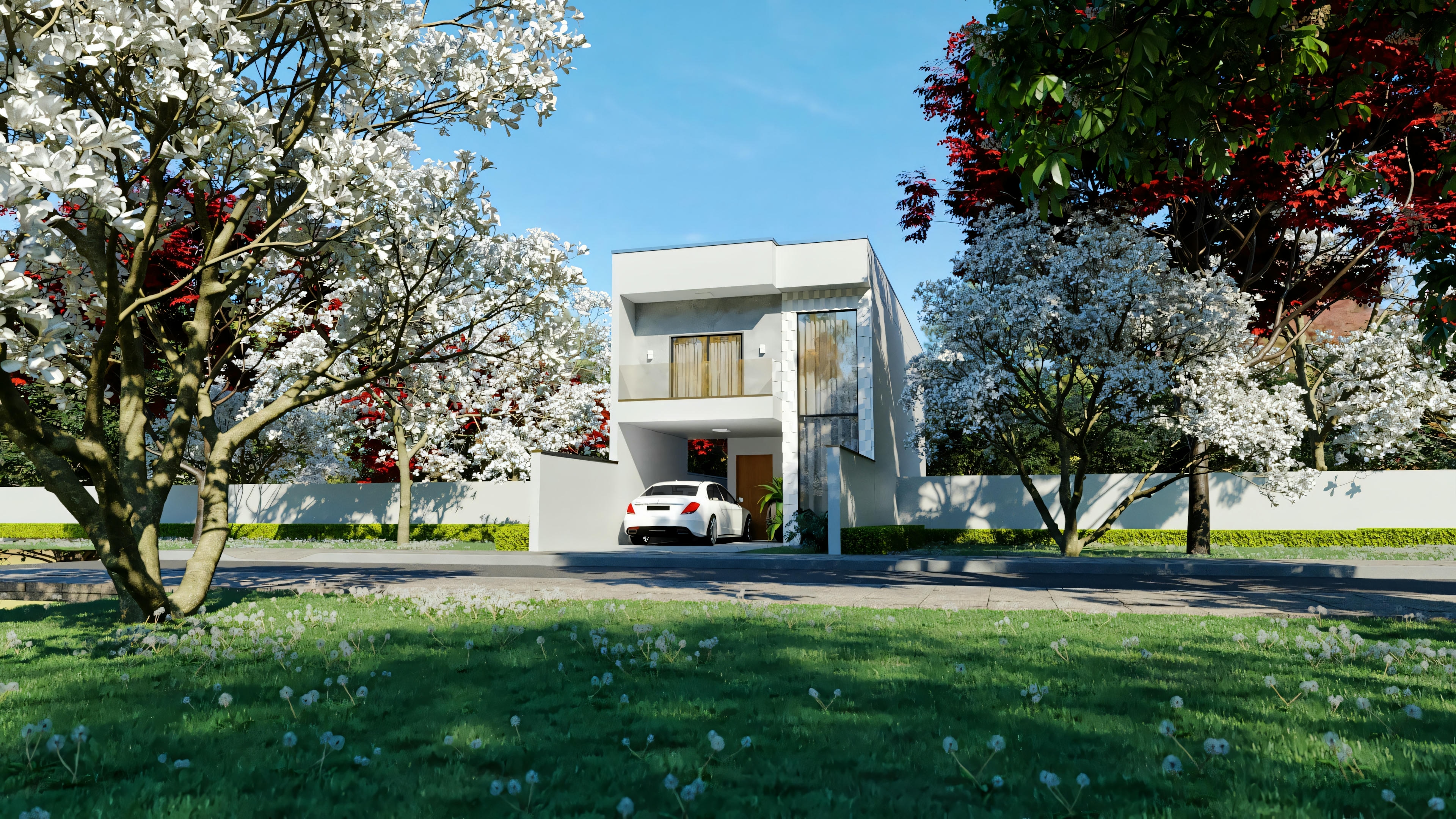 Casa moderna vista de um ângulo diferente, com uma árvore em primeiro plano durante o dia.