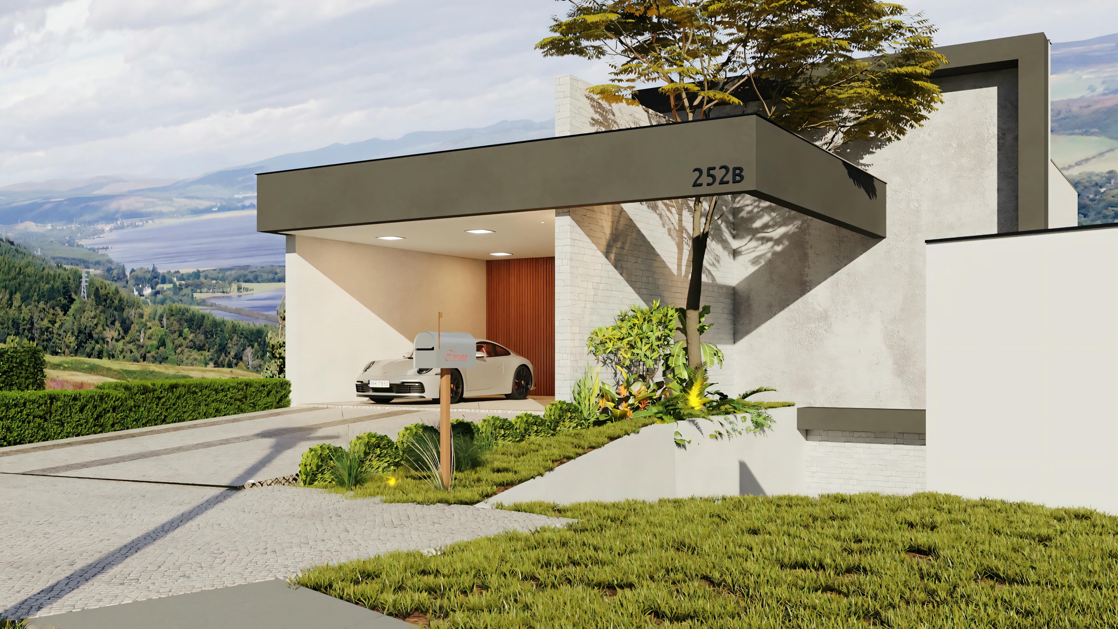 Casa moderna com telhado plano, grandes janelas e uma estrutura saliente acima da entrada. Há um carro estacionado na entrada e a casa parece estar situada em uma área montanhosa com vegetação ao redor.
