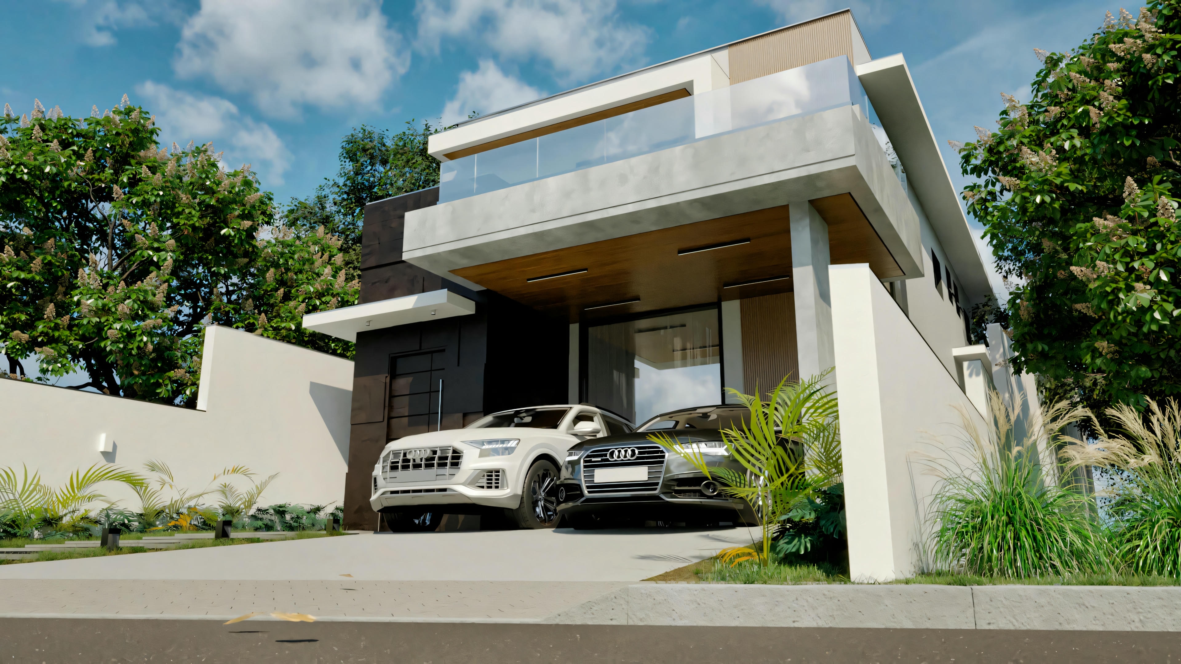 Casa moderna com telhado plano, grandes janelas de vidro e fachada de concreto.