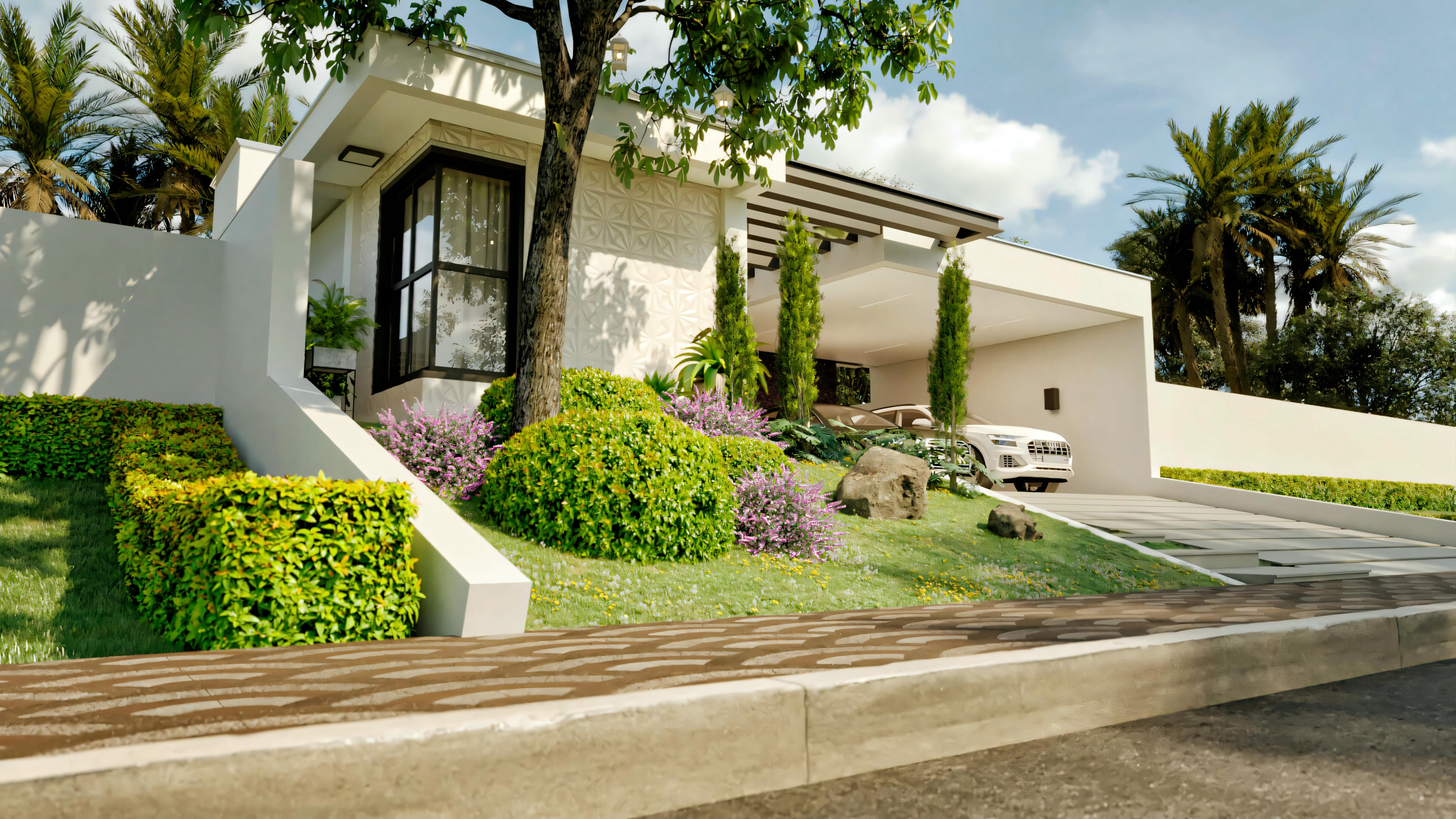 Vista externa de una casa moderna con jardín paisajístico y cielo despejado.