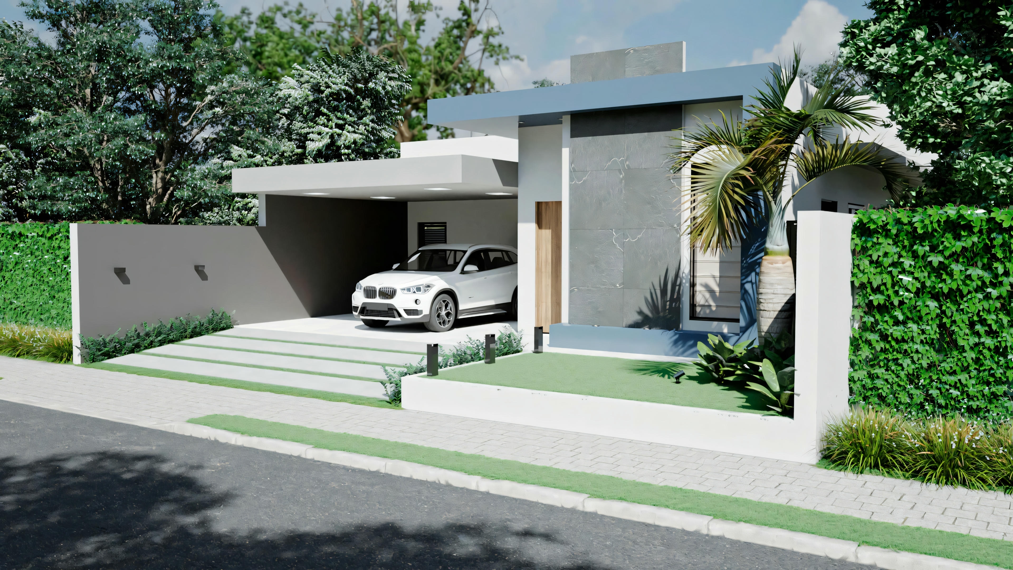 Casa con paredes exteriores oscuras y puerta de garaje integrada, aparentemente cerrada.
