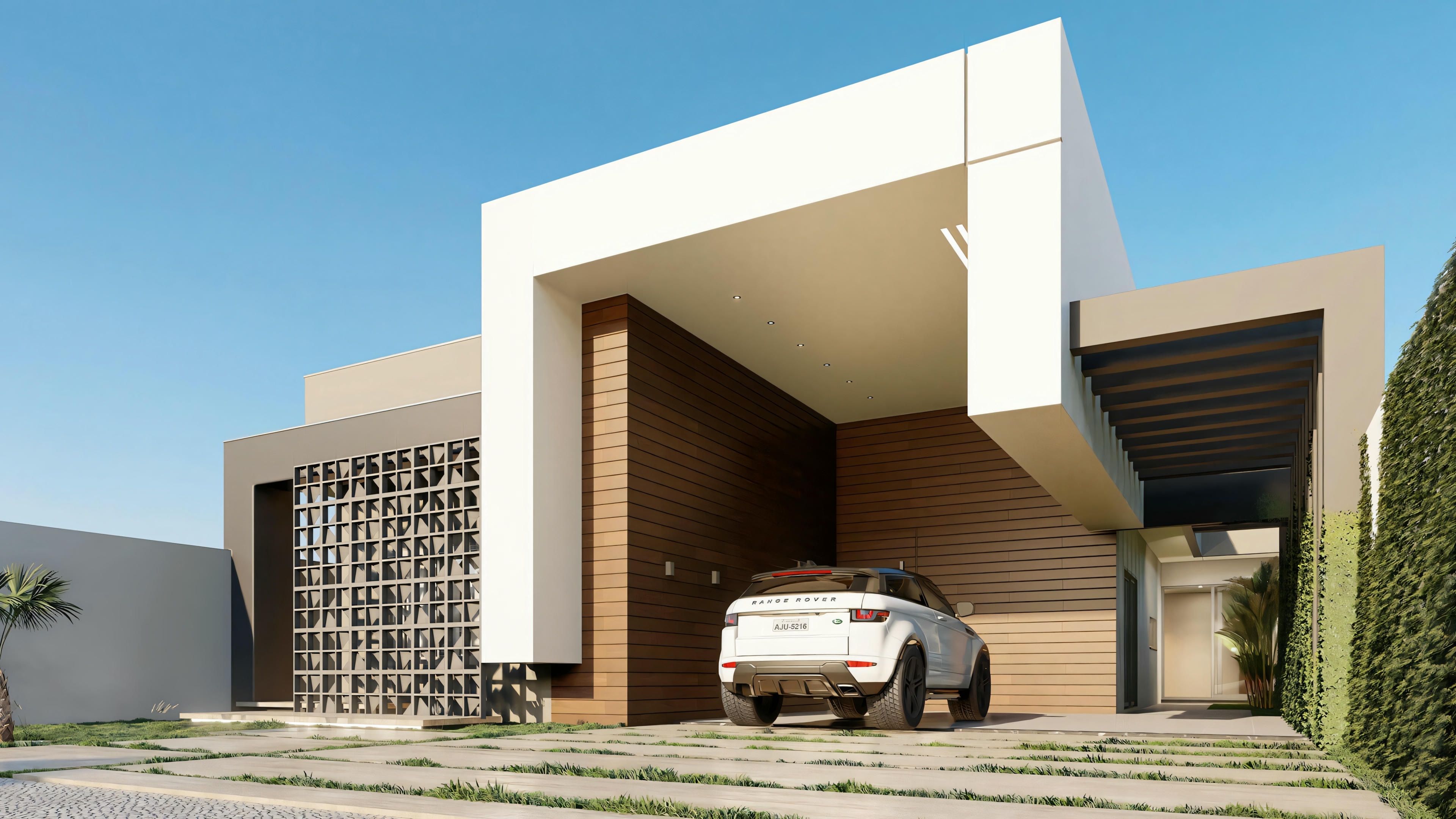 Una casa moderna con techo plano, grandes ventanas y diseño geométrico en colores blanco y beige, con un coche estacionado en frente.