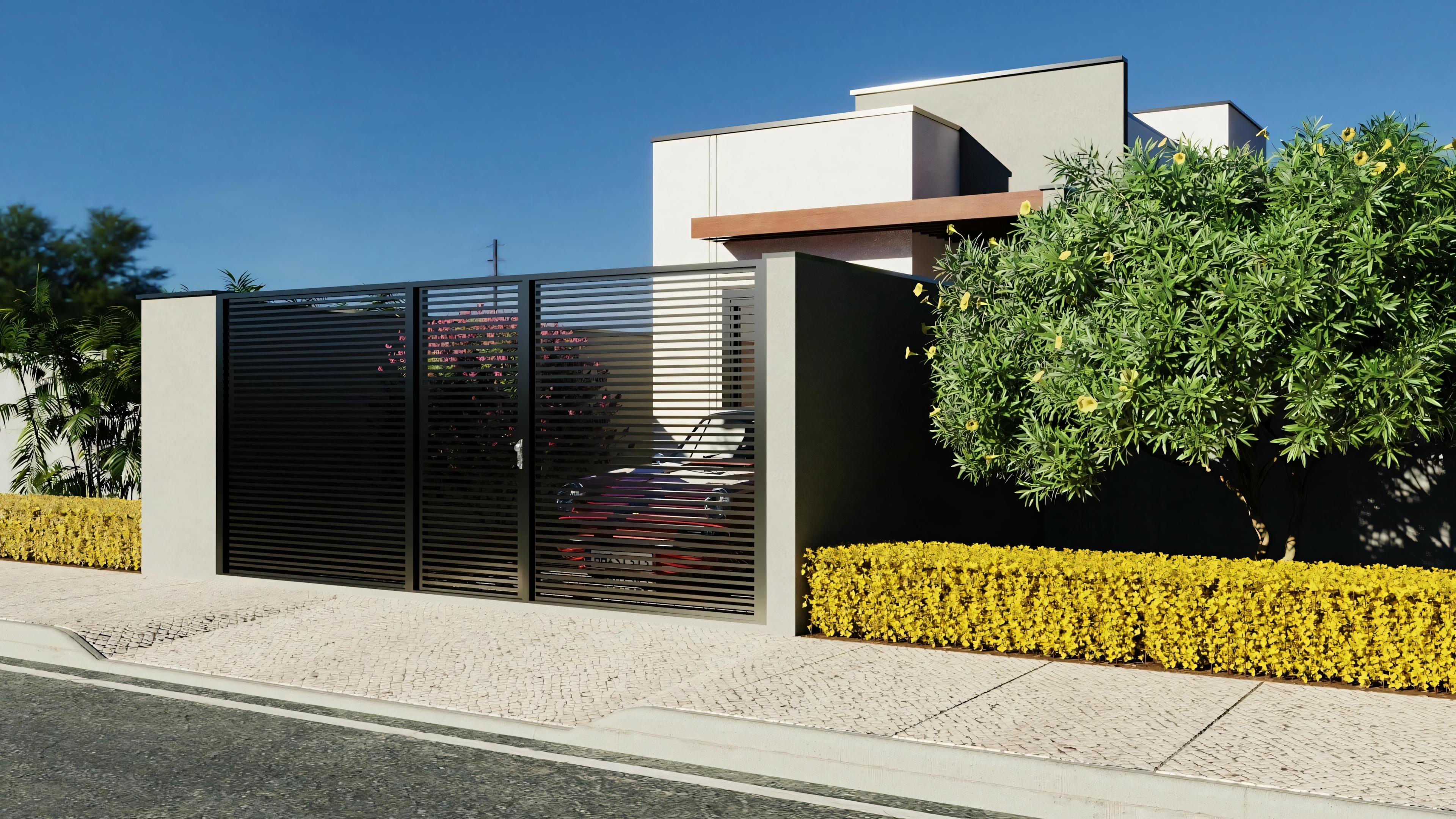 Una casa moderna con techo plano, grandes ventanas y una combinación de paredes externas blancas y marrones oscuras.