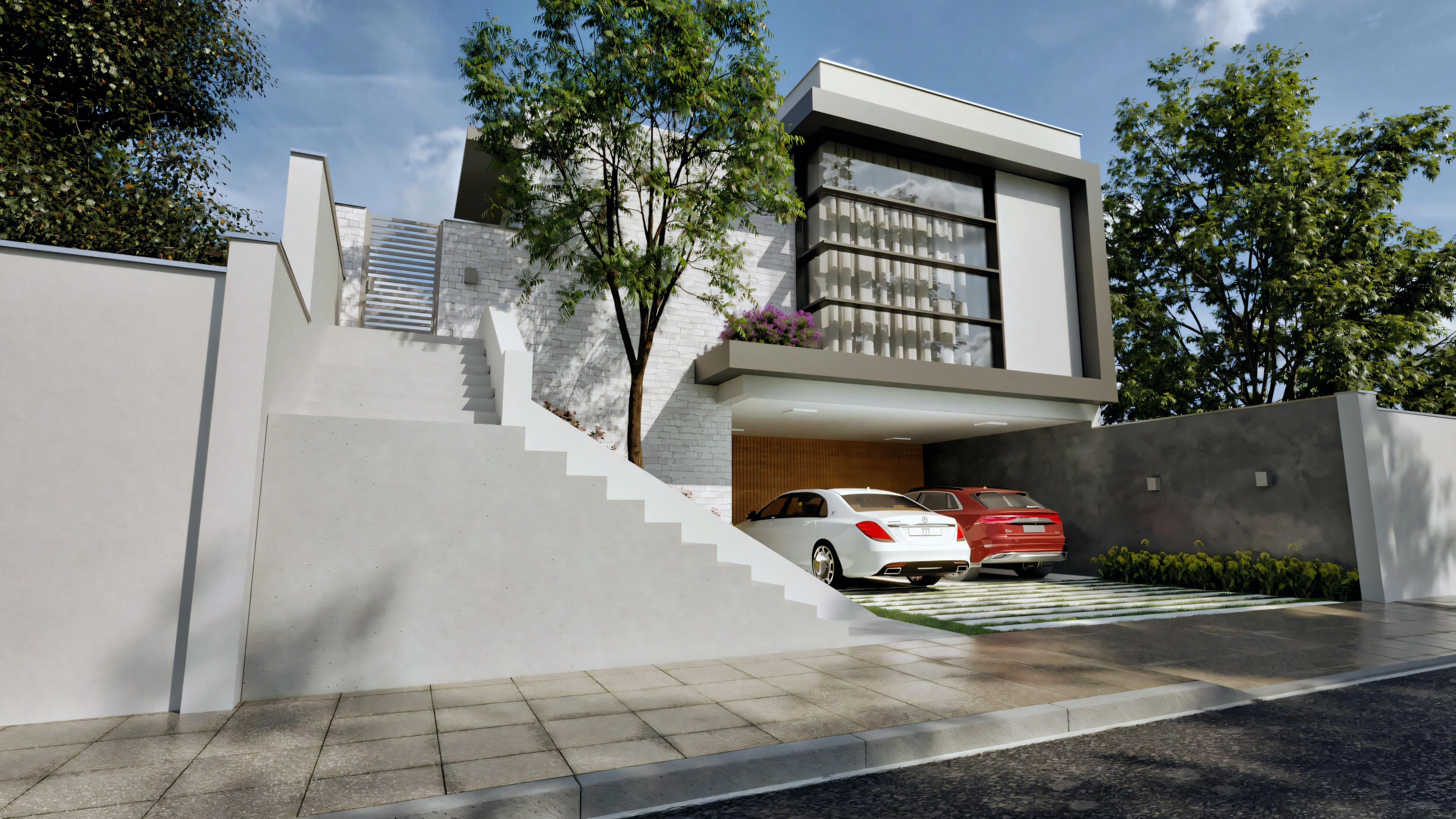Fachada de uma casa moderna de dois andares com grandes janelas e garagem.