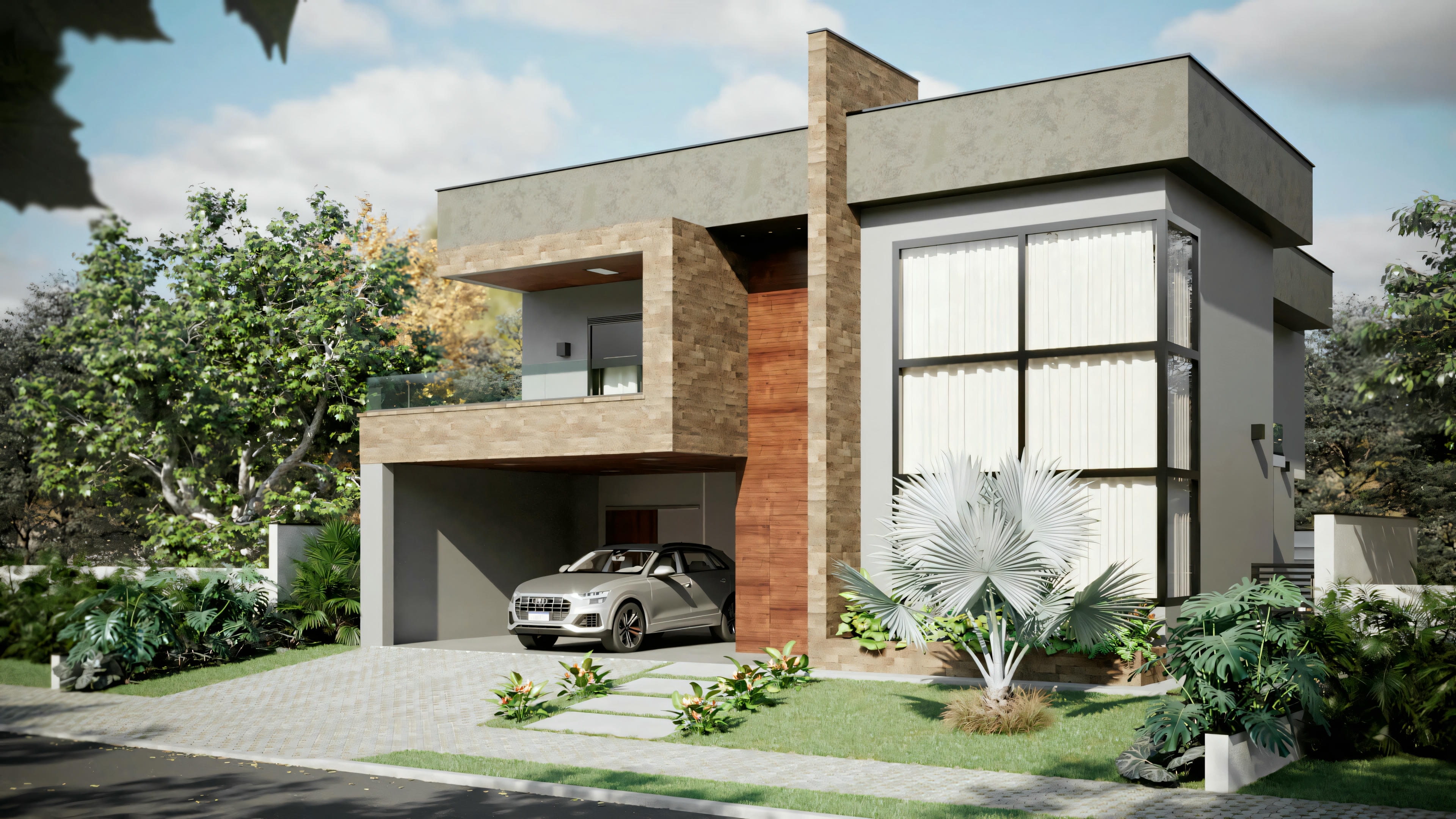 Uma casa moderna de dois andares com telhado plano, grandes janelas e uma garagem anexa contendo um carro.