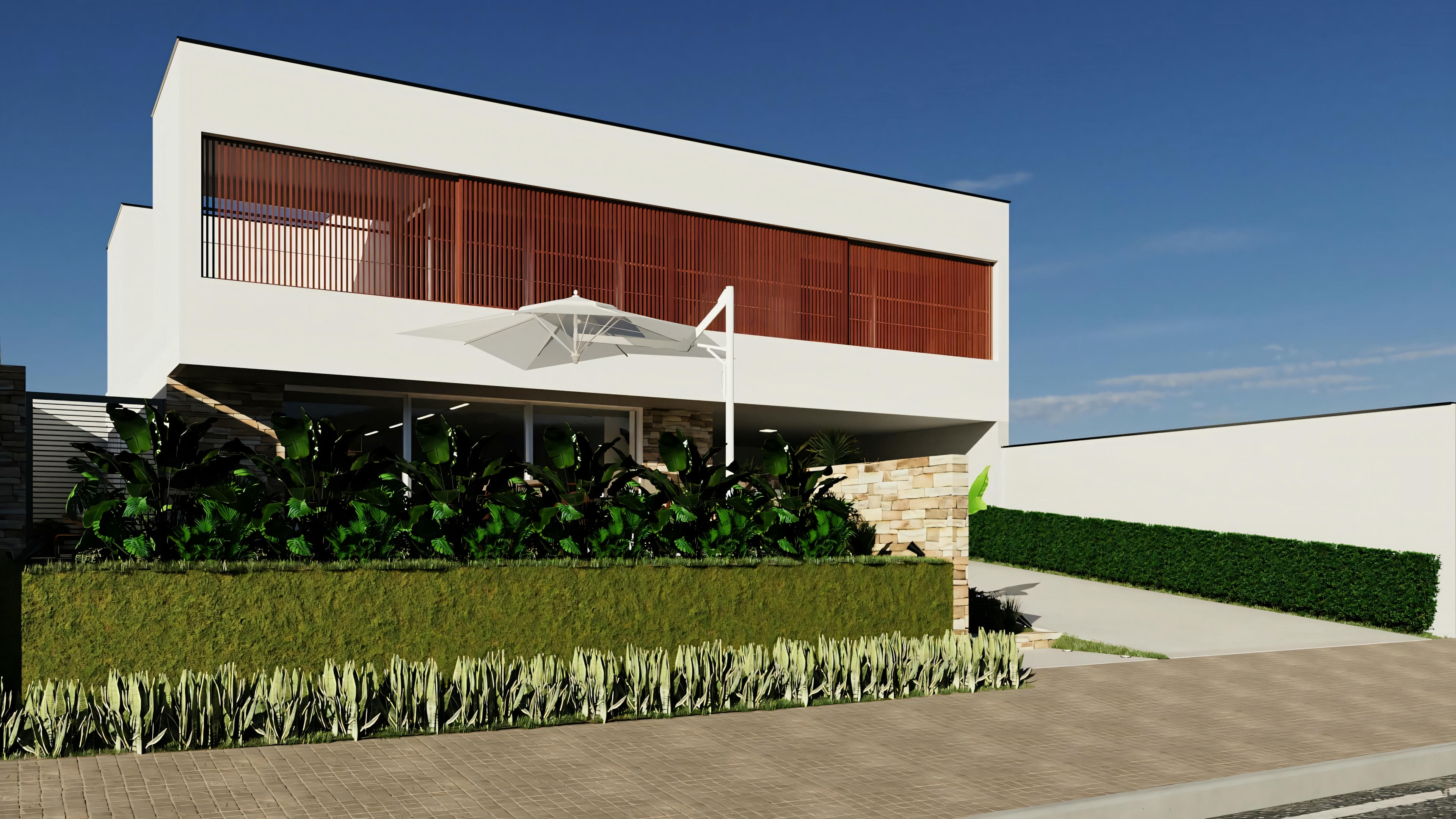 Renderização arquitetônica de uma casa moderna de dois andares com telhado plano e grandes janelas de vidro, iluminada ao entardecer.