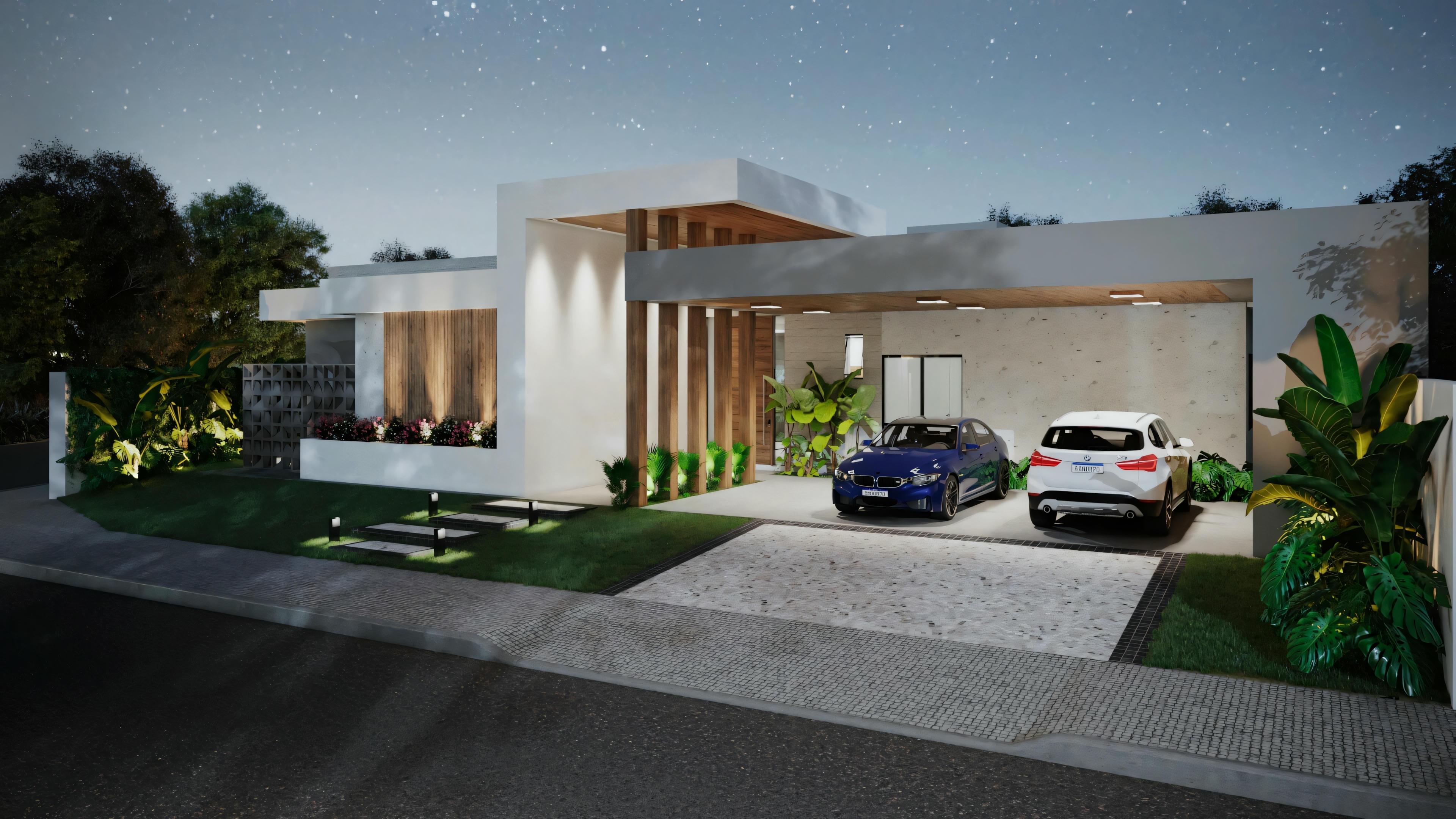 Una casa moderna con techo inclinado y garaje anexo.