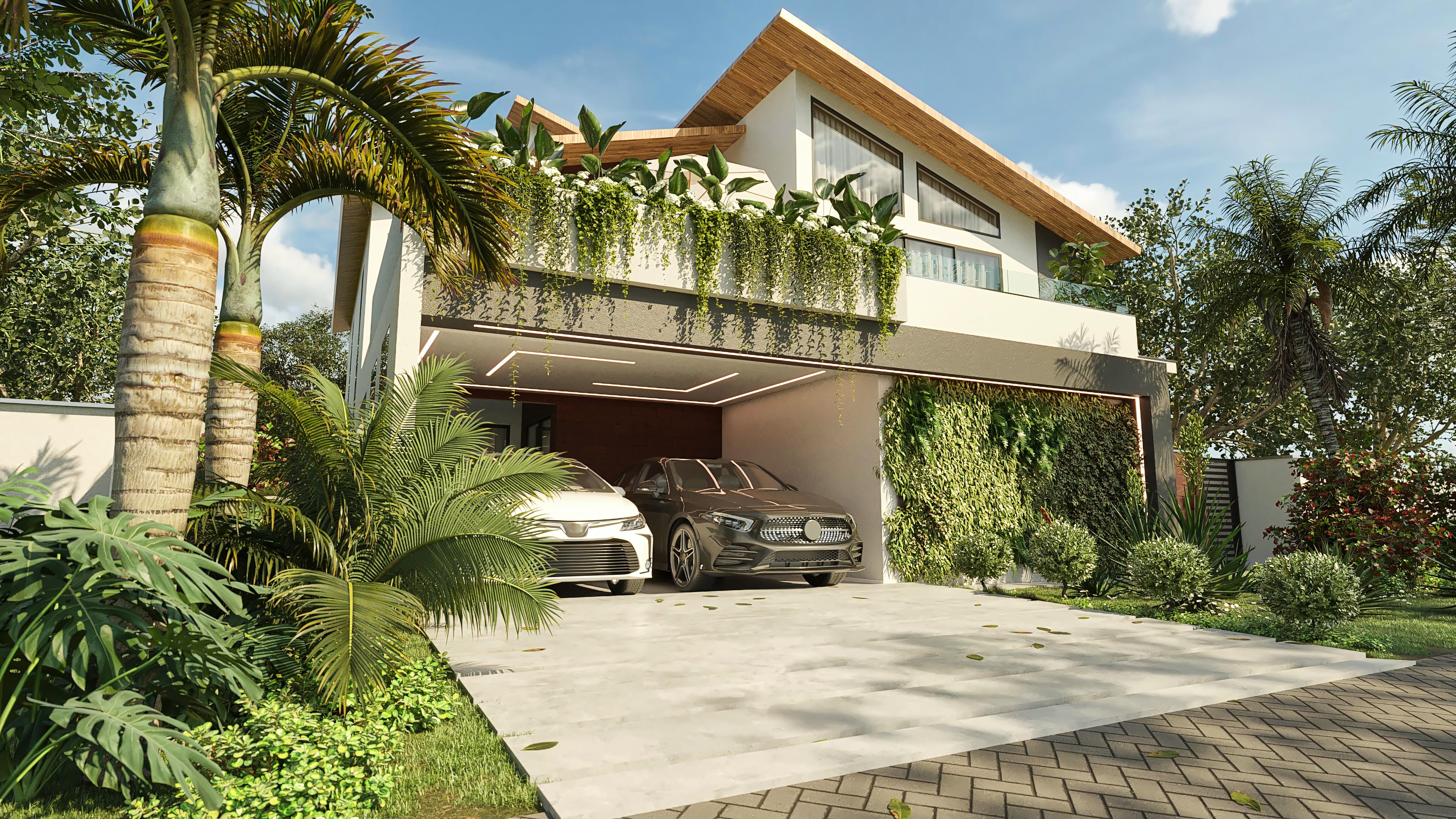 Fachada moderna de casa con techo visto en madera, amplios ventanales y detalles en piedra, con jardín vertical y piscina.