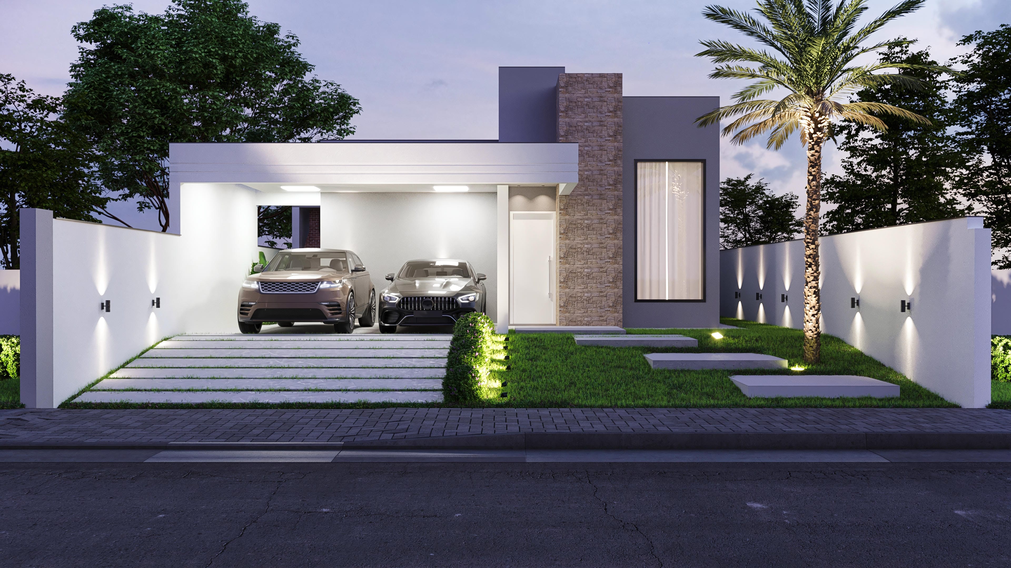 Fachada moderna de casa de una planta en terreno estrecho 12x30m, con 3 habitaciones, suite, piscina y área gourmet. Proyecto con 162m² de área construida.
