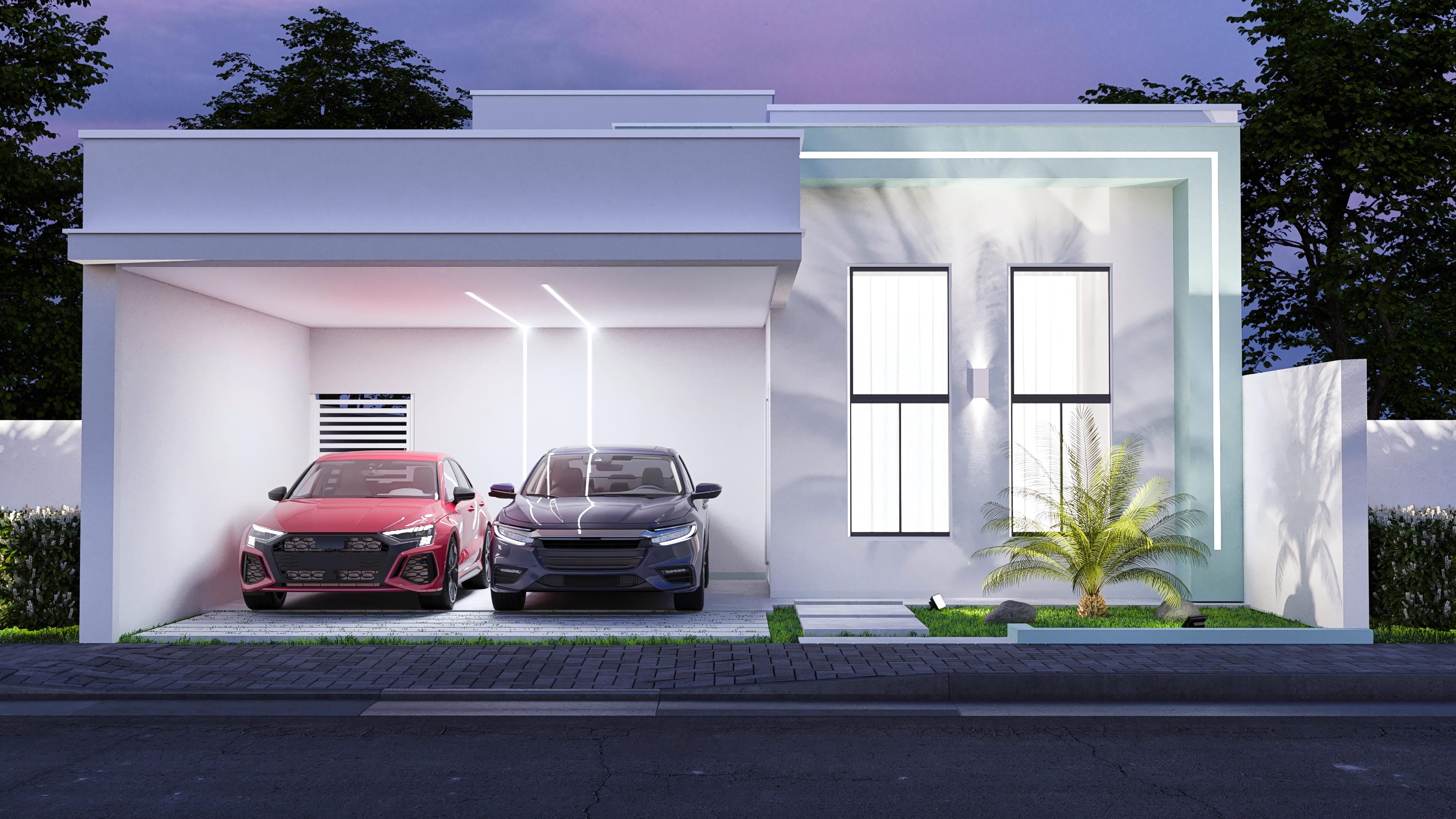 Fachada moderna de casa térrea com telhado embutido, amplas janelas verticais com caixilhos pretos e iluminação externa discreta. A entrada conta com garagem coberta e detalhes em iluminação linear.