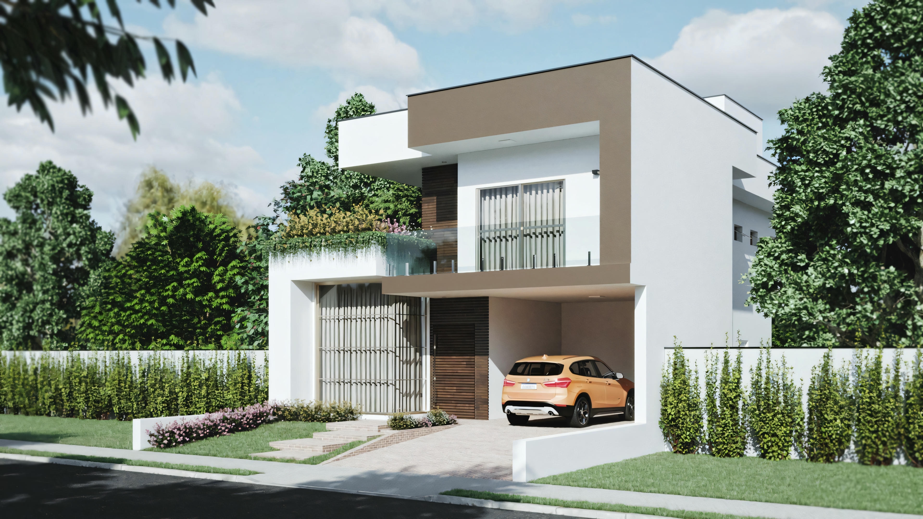 Exterior view of a contemporary two-story house with a garage, featuring a car parked in front, relevant for architecture portfolios or real estate showcases.