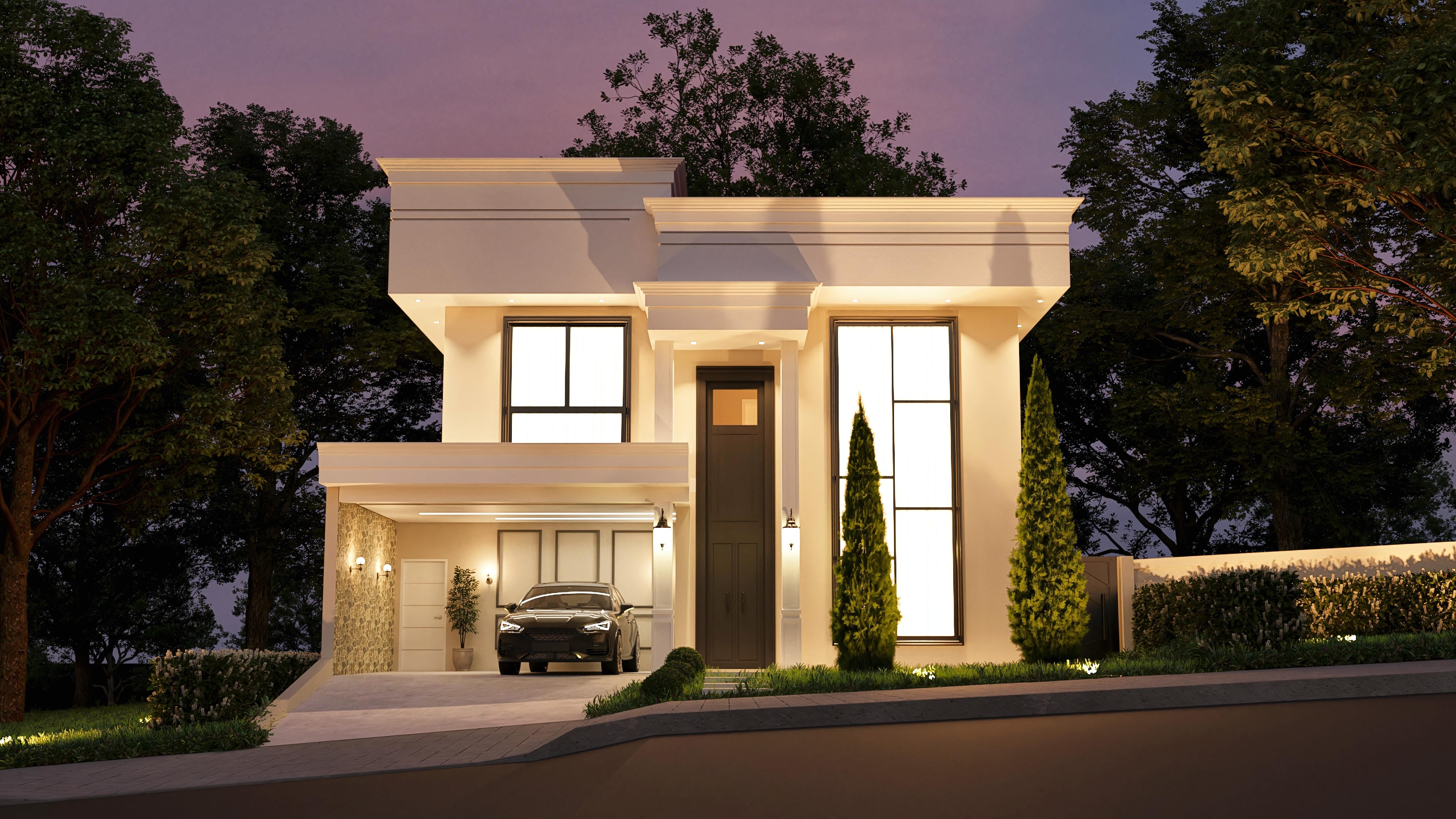 Facade of a two-story house with contemporary volume and classic molding details, with large windows and cozy outdoor lighting.