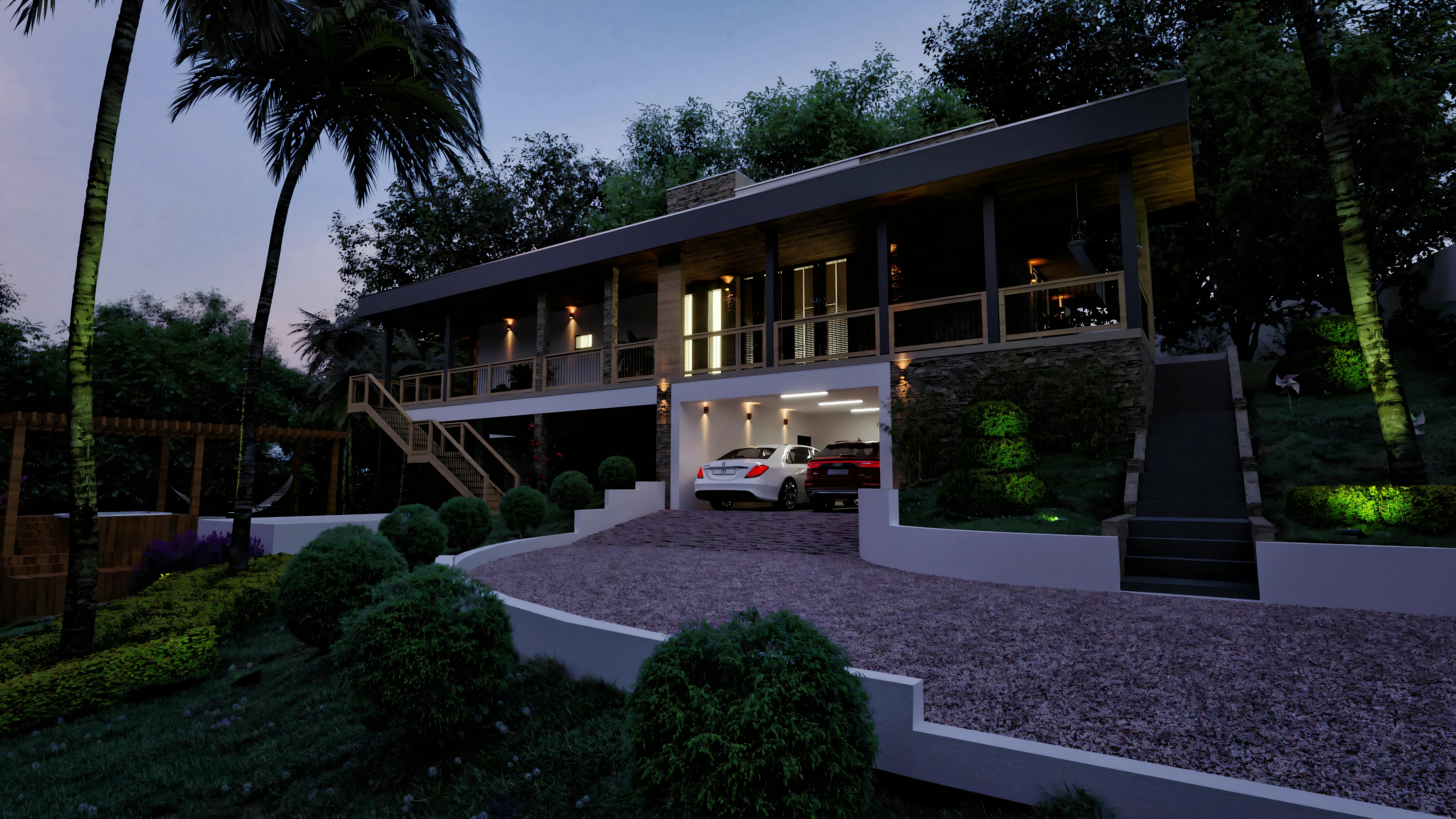 Night view of a country house with three bedrooms and an illuminated balcony, highlighting the stilt architecture and the garage with two vehicles.