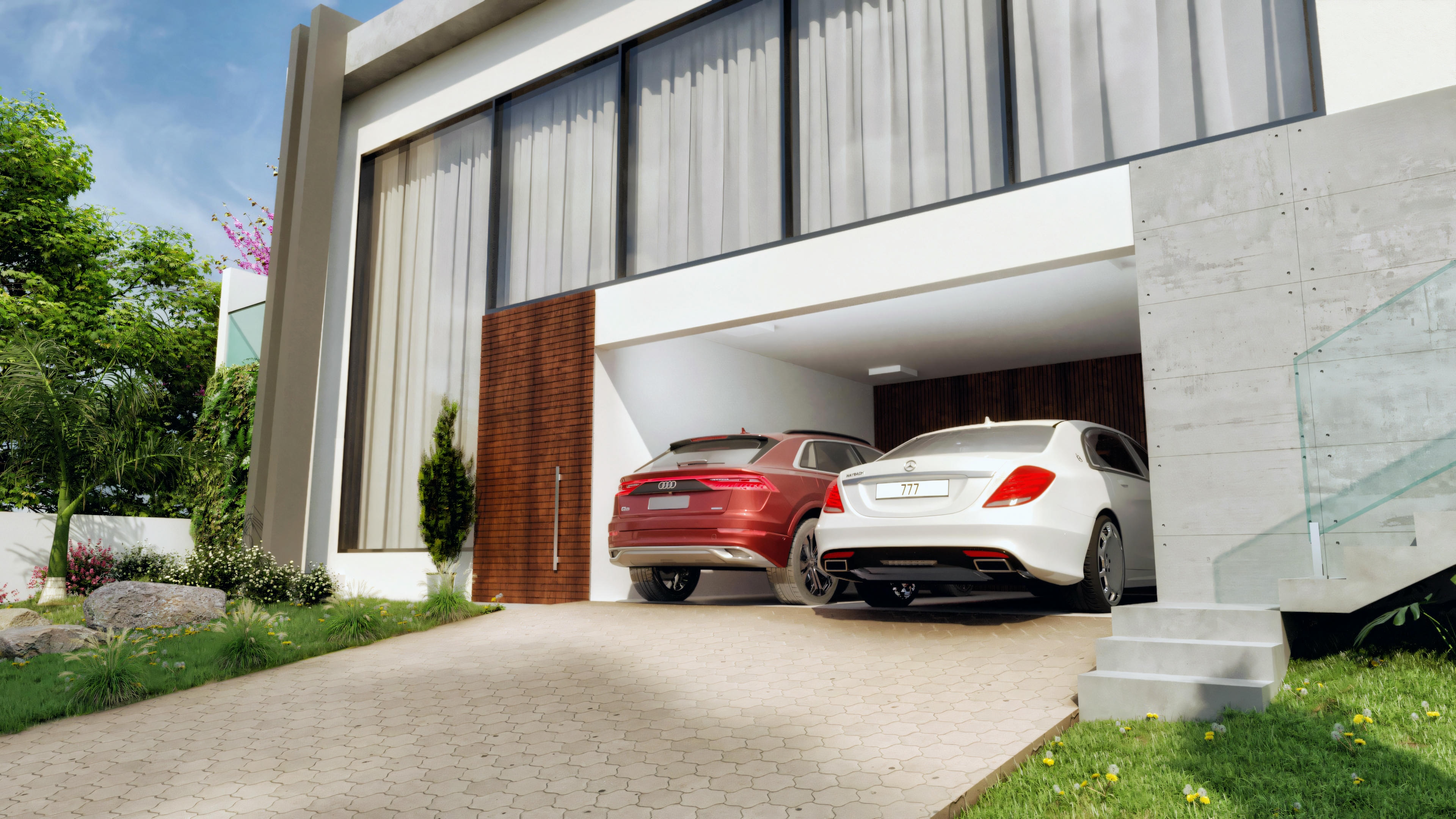 Entrada del garaje para dos vehículos de una casa moderna de 3 suites con piscina y zona gourmet. La imagen destaca el diseño contemporáneo de la fachada con 335.08m², el acceso con piso intertrabado, y detalles en madera en el garaje y puerta principal. Proyecto de casa con 3 suites, piscina y zona gourmet.