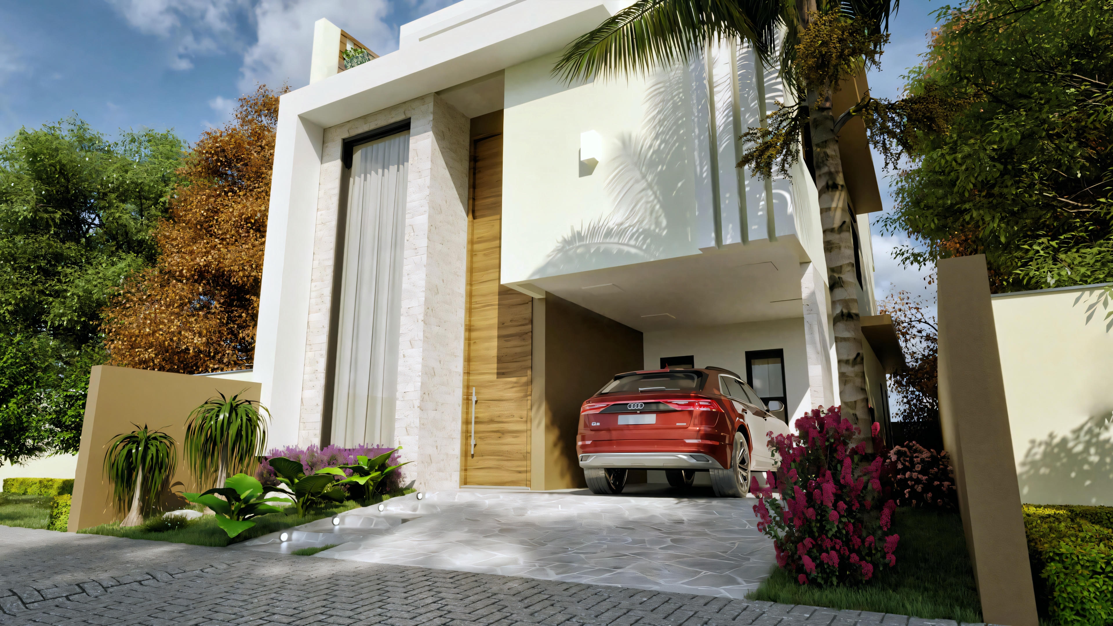 Exterior de un edificio con diseño moderno, entrada elegante y un coche rojo estacionado.