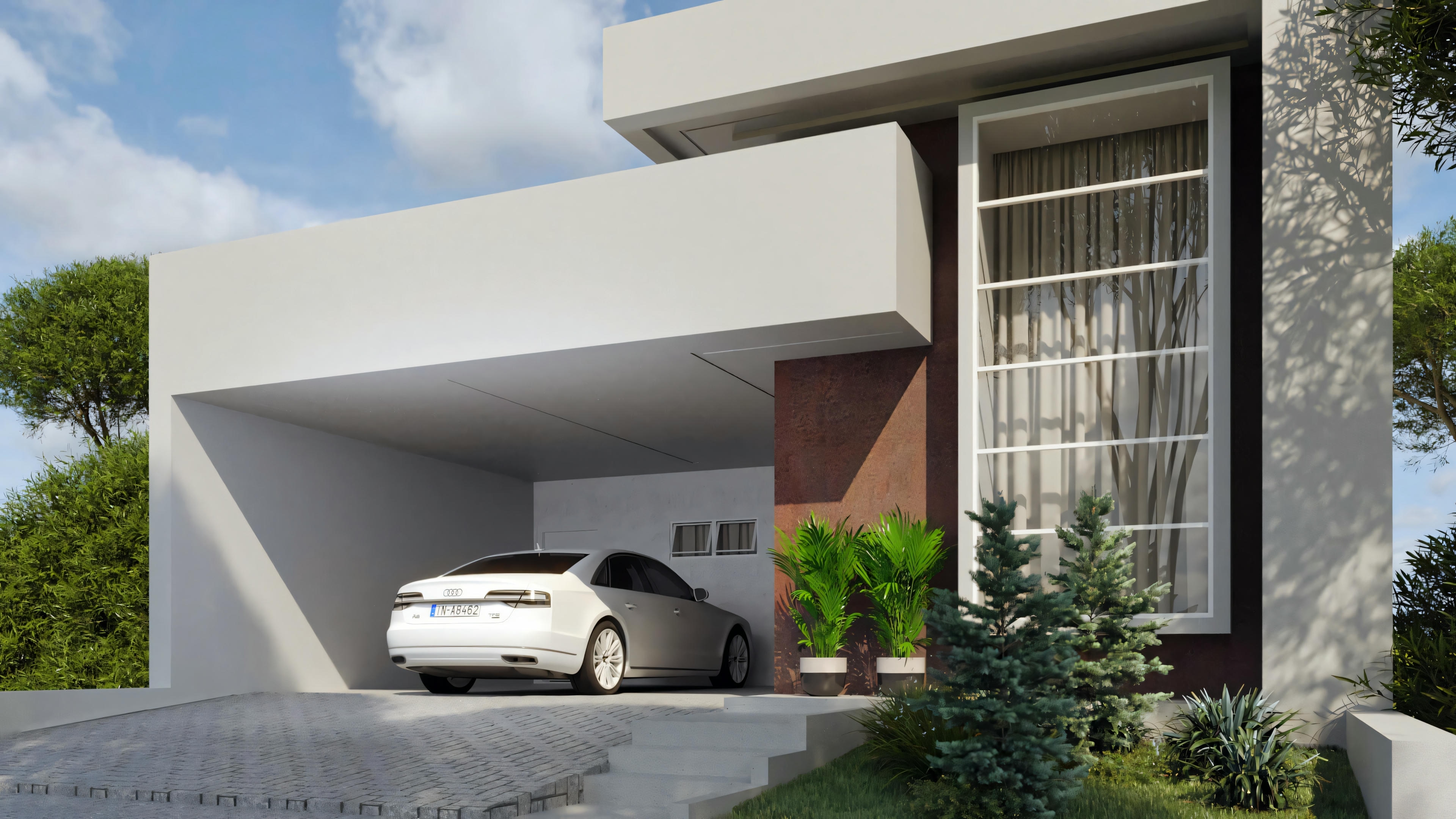 Exterior de uma casa moderna com grandes janelas, telhado plano e cercada por vegetação. Há um carro estacionado na entrada.