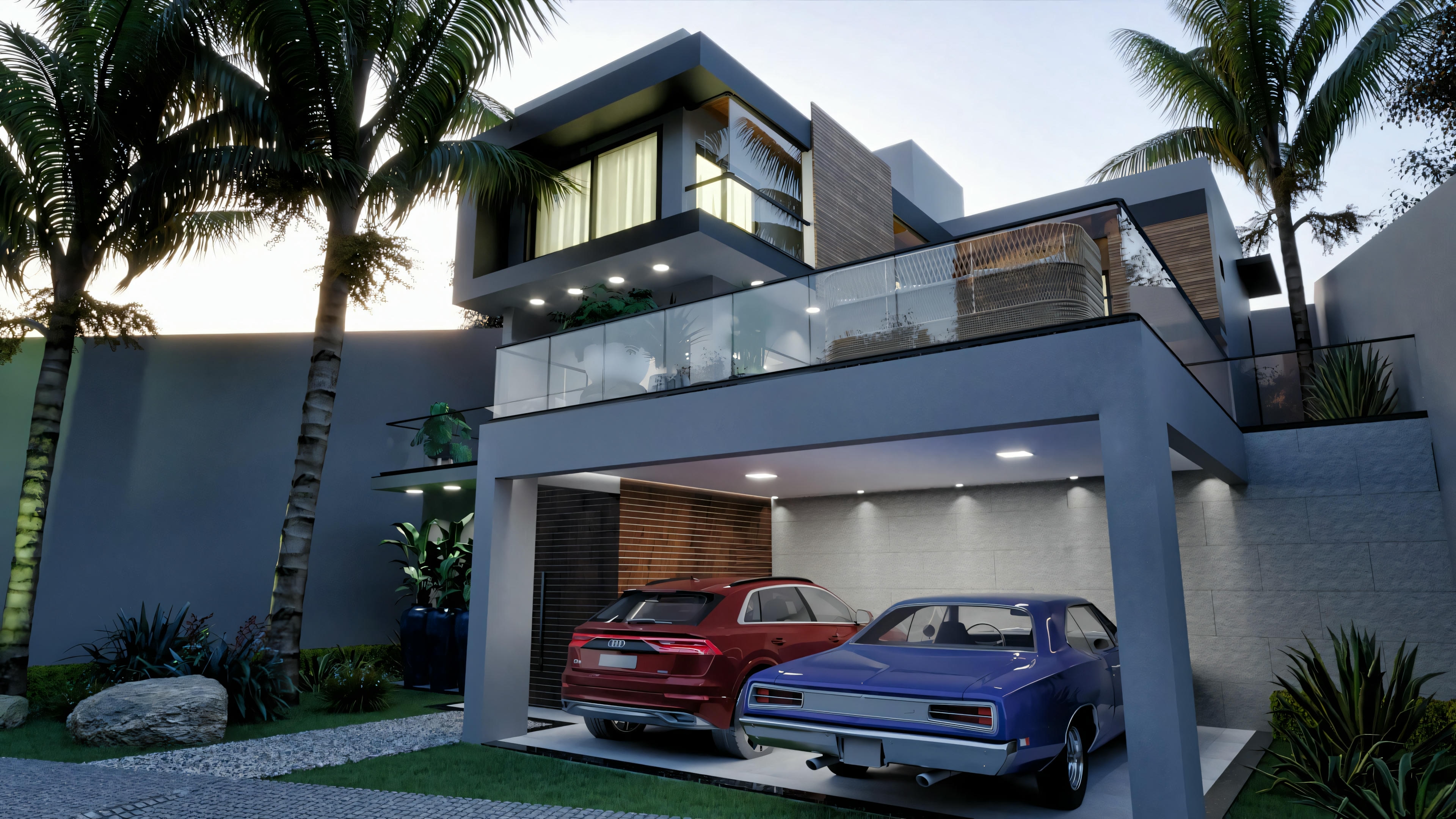 Fachada de casa moderna, con 4 suites e iluminación destacada. Proyecto con 316.98m², garaje doble, paisajismo con palmeras y detalles en madera y vidrio.