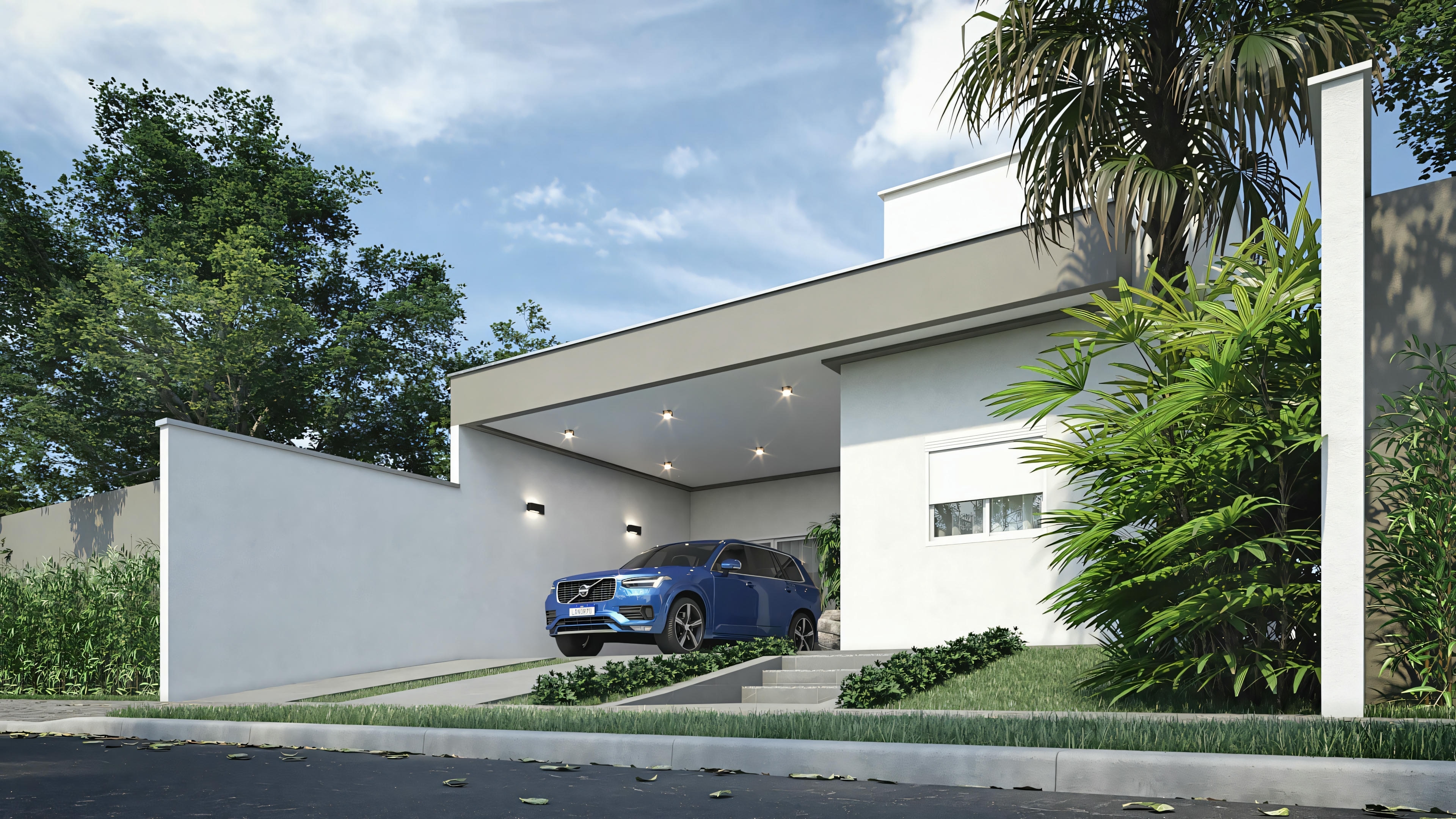 Vista frontal de uma casa moderna de um andar com a porta da garagem aberta e um carro estacionado dentro.