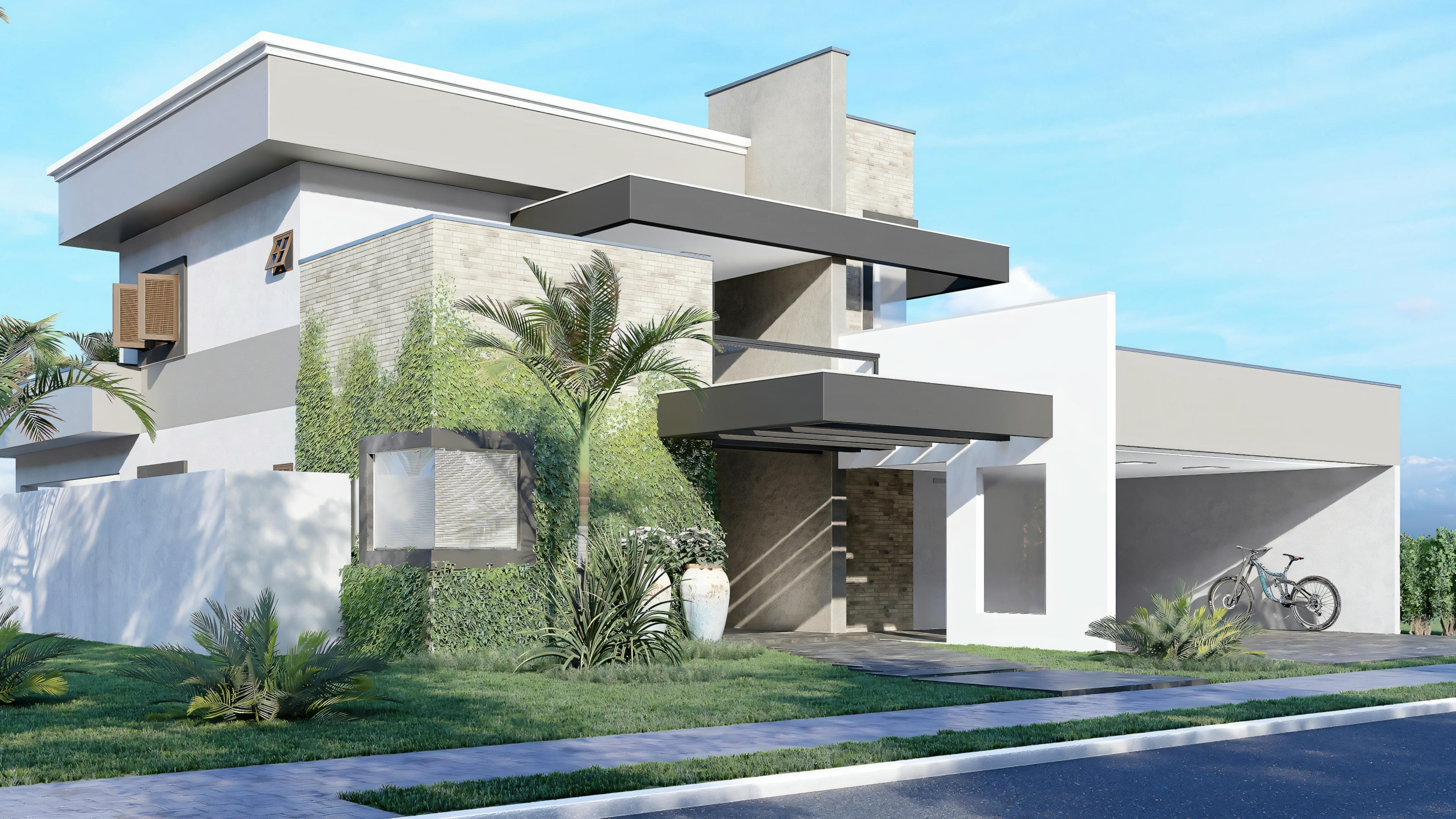 Fachada de uma casa moderna com grandes janelas e telhado plano, cercada por vegetação.