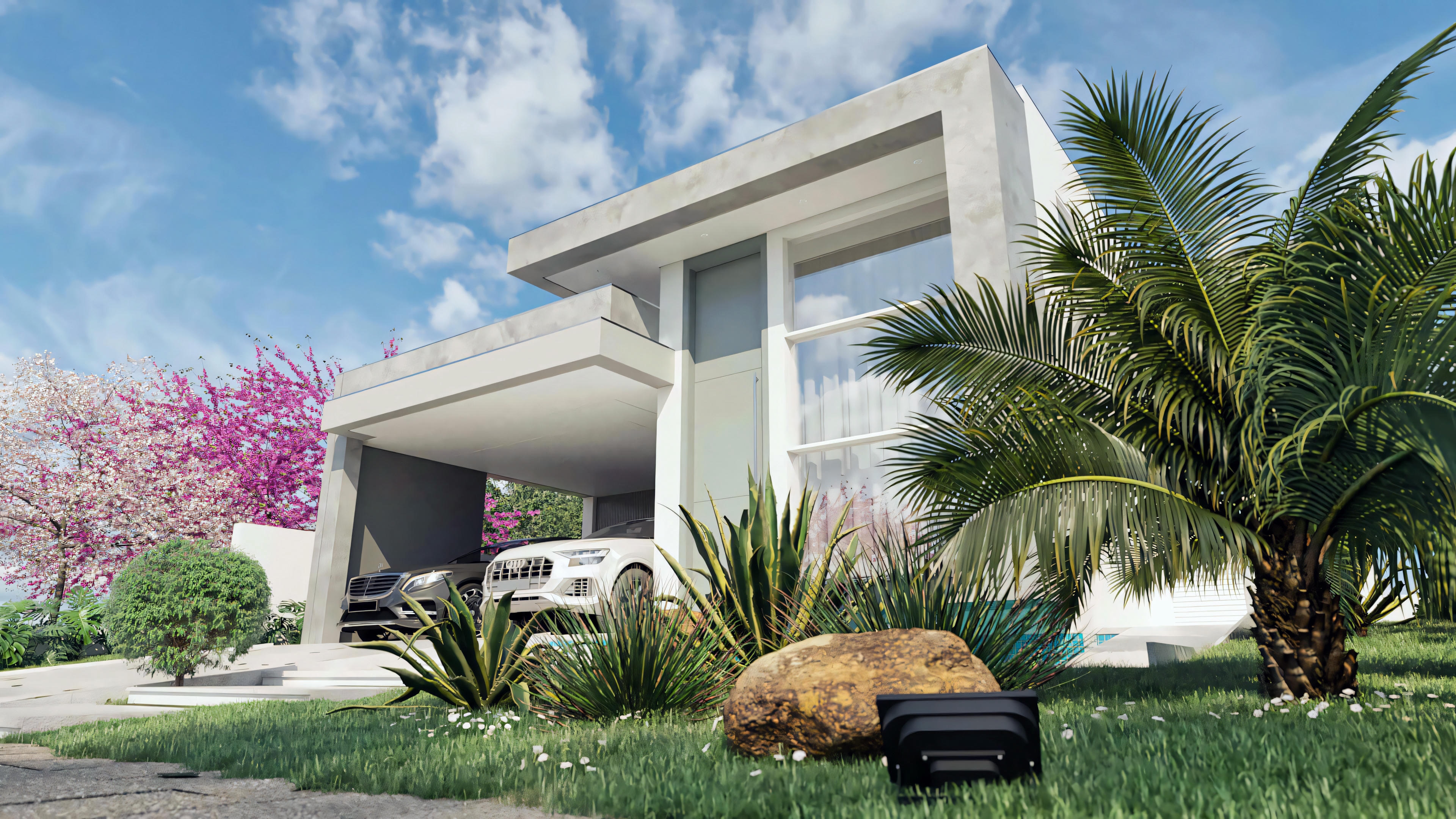 Fachada de casa moderna térrea com 3 quartos vista a partir do jardim frontal, destacando o paisagismo com gramado, plantas ornamentais, rochas e a garagem para dois carros.