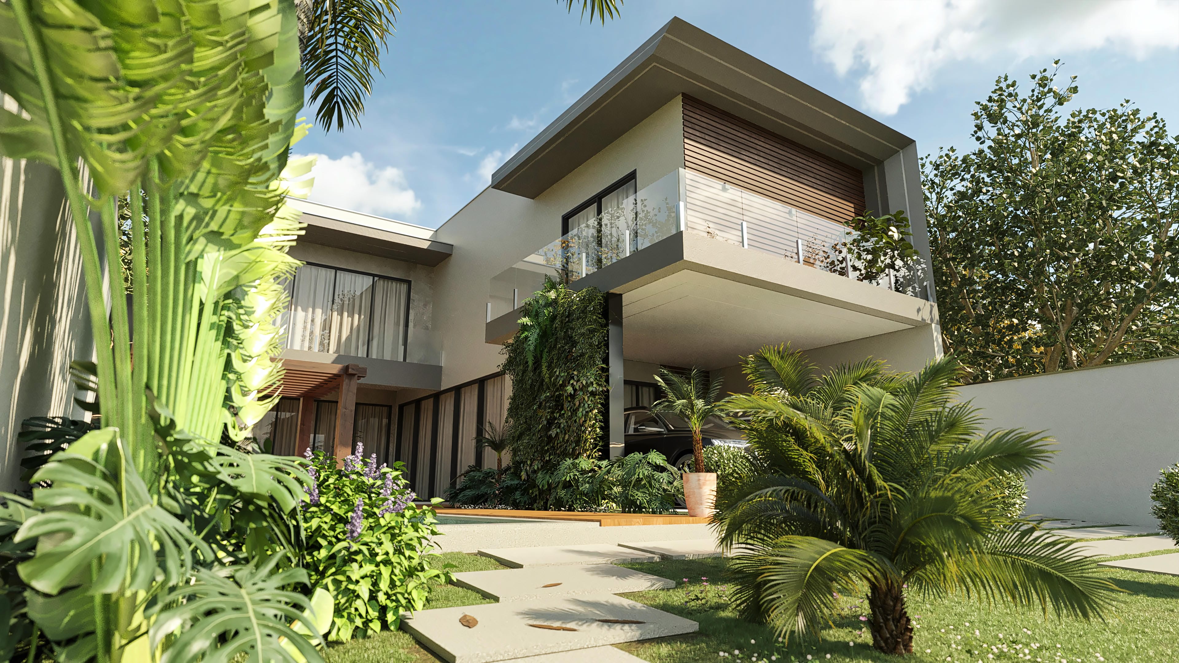 Fachada moderna de casa de dos plantas con 4 suites, destacando volúmenes, materiales nobles y áreas de ocio como piscina y gourmet. El proyecto exhibe un diseño contemporáneo con líneas rectas e integración con la naturaleza.