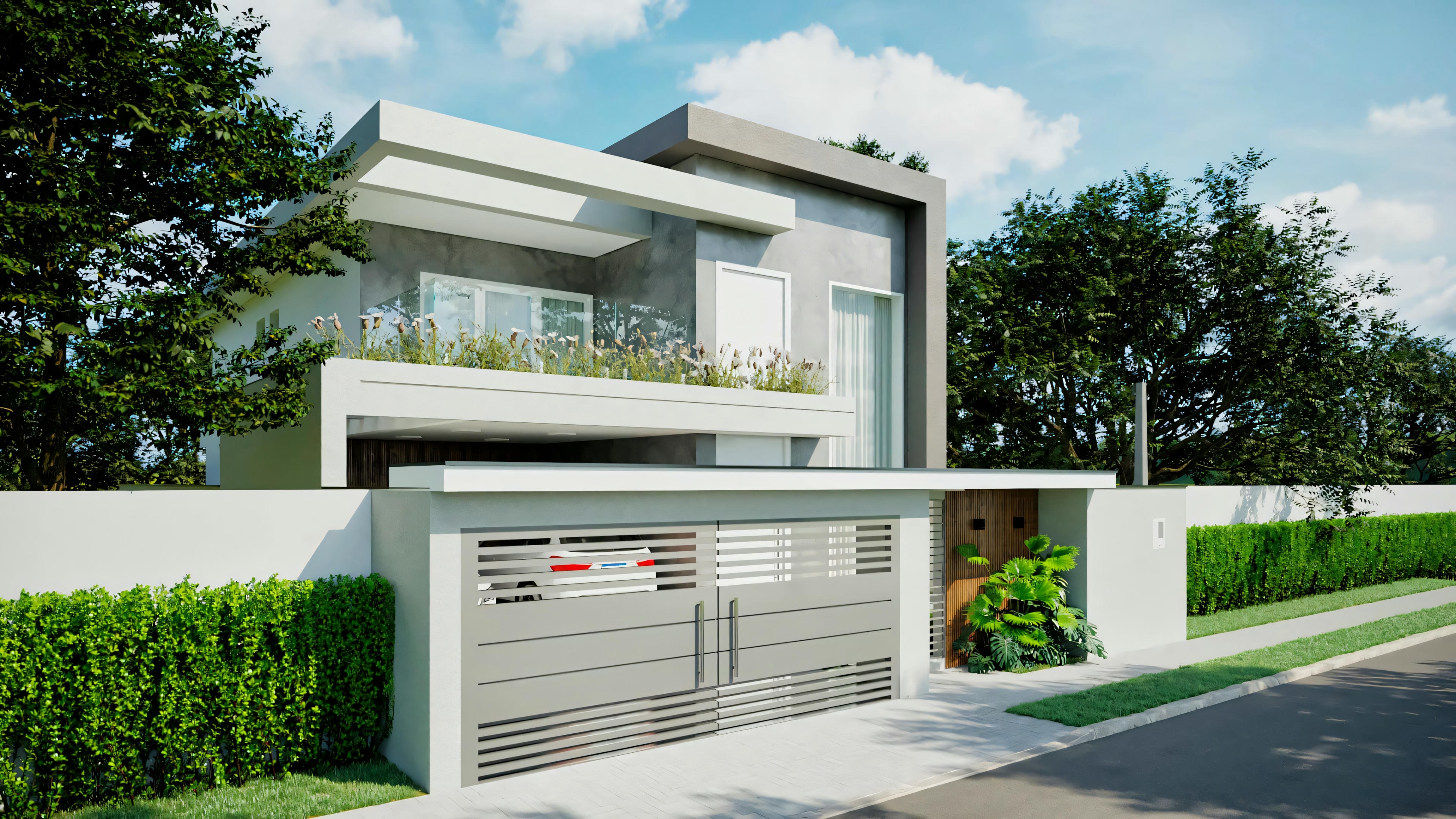 Fachada vista de la calle del proyecto de casa moderna ArchShop con 250.56m², 3 suites y piscina. Arquitectura contemporánea con muro, portón de entrada moderno, garaje para 2 autos, y balcón superior con paisajismo. Proyecto arquitectónico para terreno 12x25.