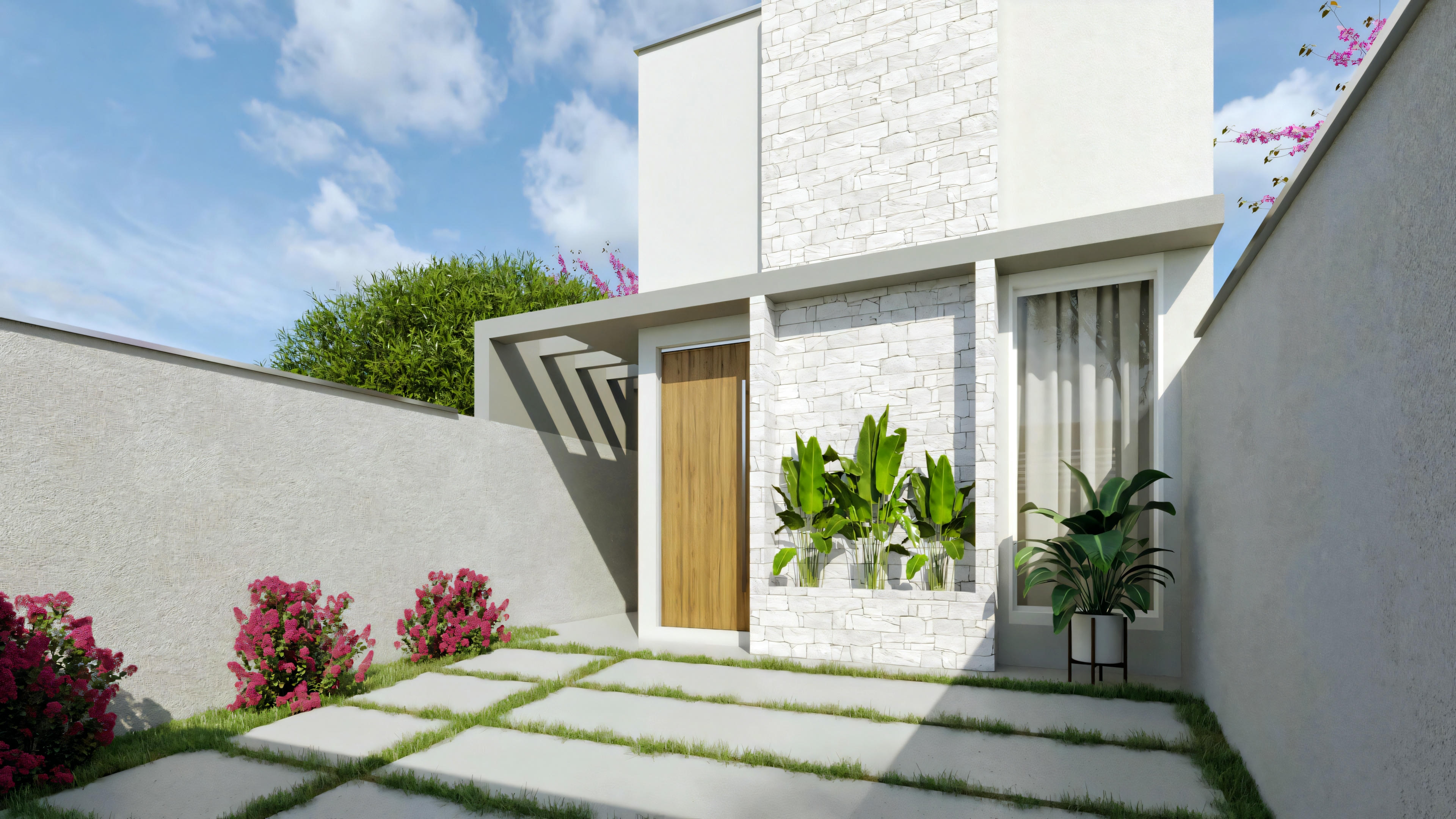 Facade of a compact house of about 60m², designed for a 5m wide lot (half lot). Modern architecture with 2 bedrooms, 1 bathroom, front garage, stone detail, and pergola.
