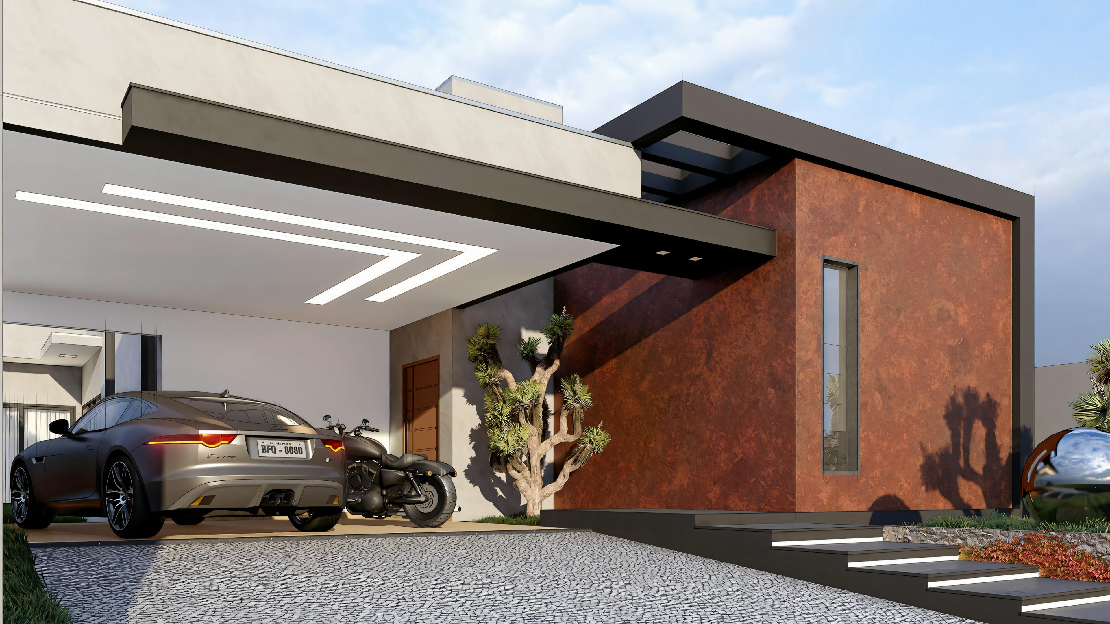 Exterior view of a contemporary house with a flat roof, large windows, and a car parked outside.