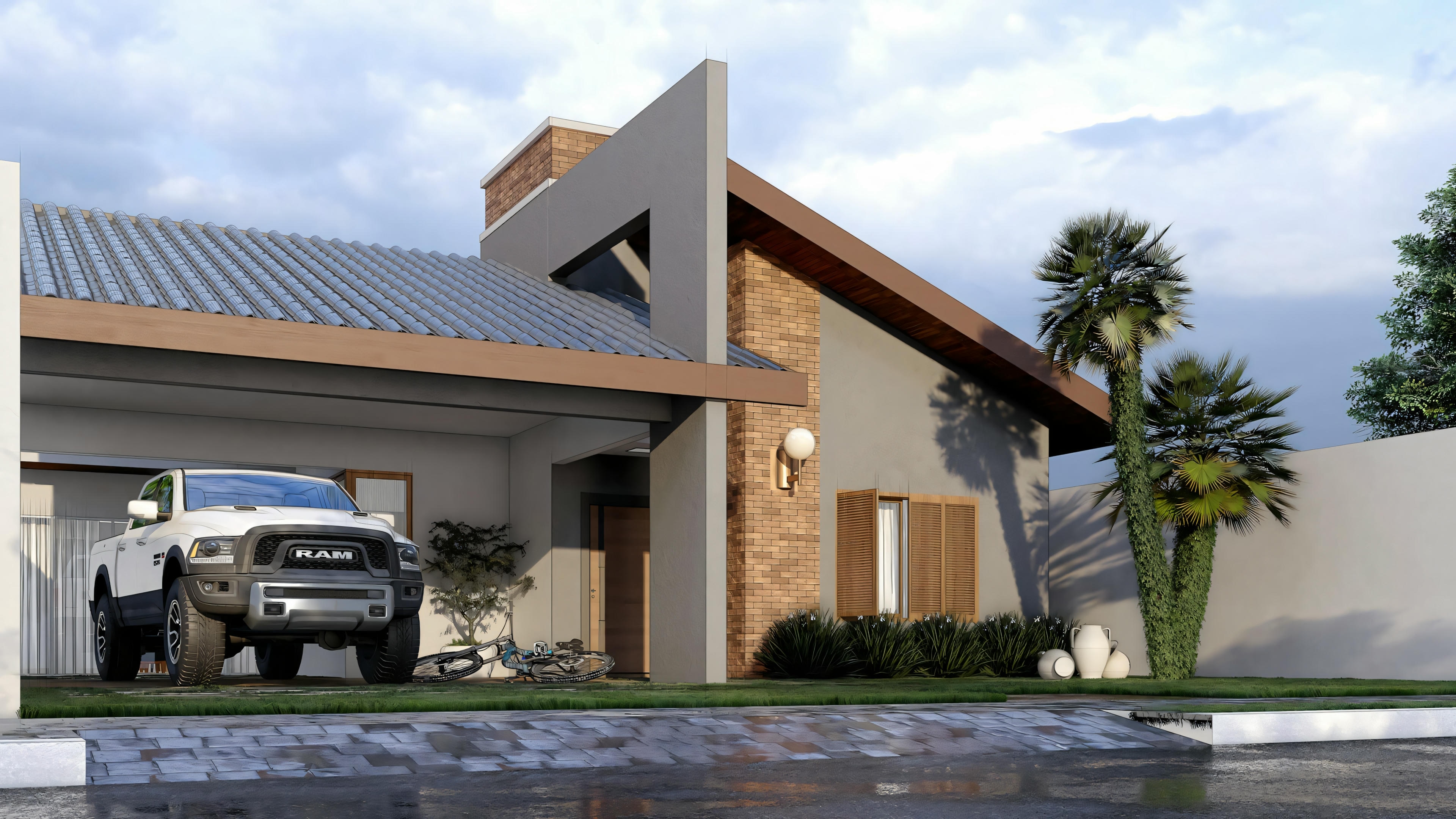 A similar house with a flat roof, highlighting the entrance and garage area during the day.