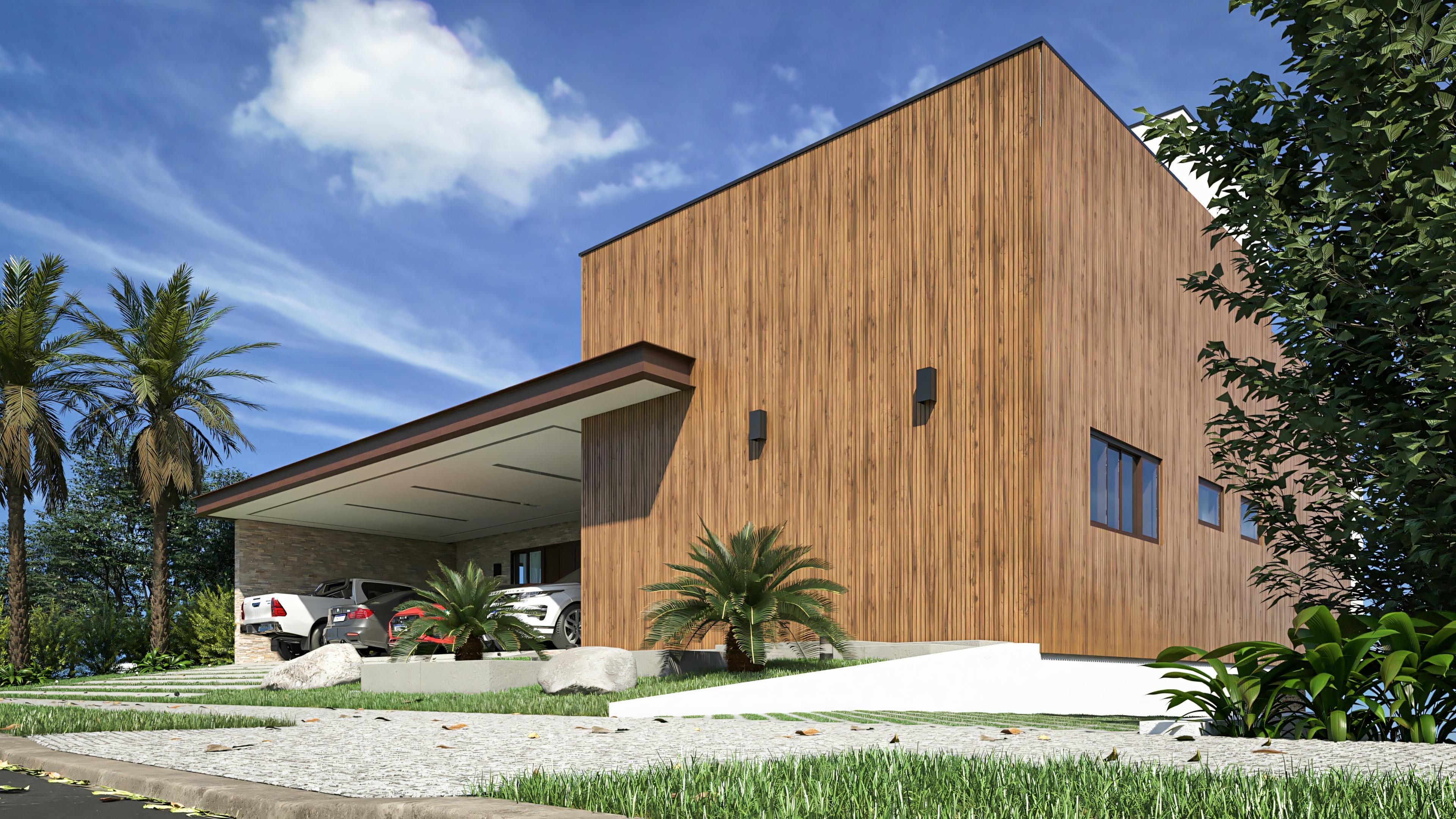 Detail of the 3-car garage of the imposing modern house project. Close-up view showing the vehicles, the concrete and vegetation detailed flooring, and the wood-finished ceiling.