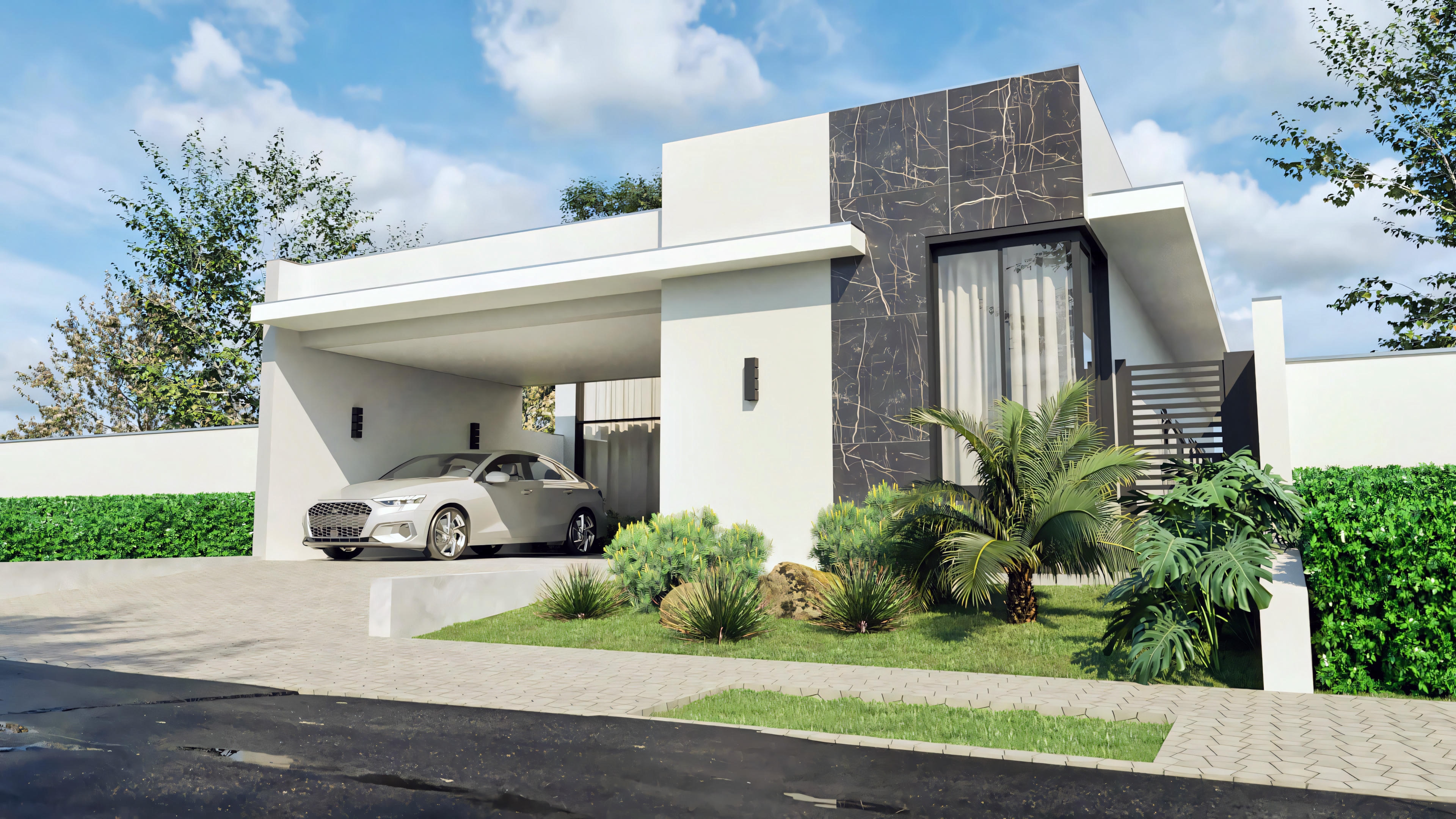 Modelo de casa de una planta con 3 habitaciones (todas suites), área gourmet, piscina y 196m² de área construida. Fachada con arquitectura contemporánea, paisajismo frontal, garaje para 2 coches y detalle en revestimiento de piedra oscura.