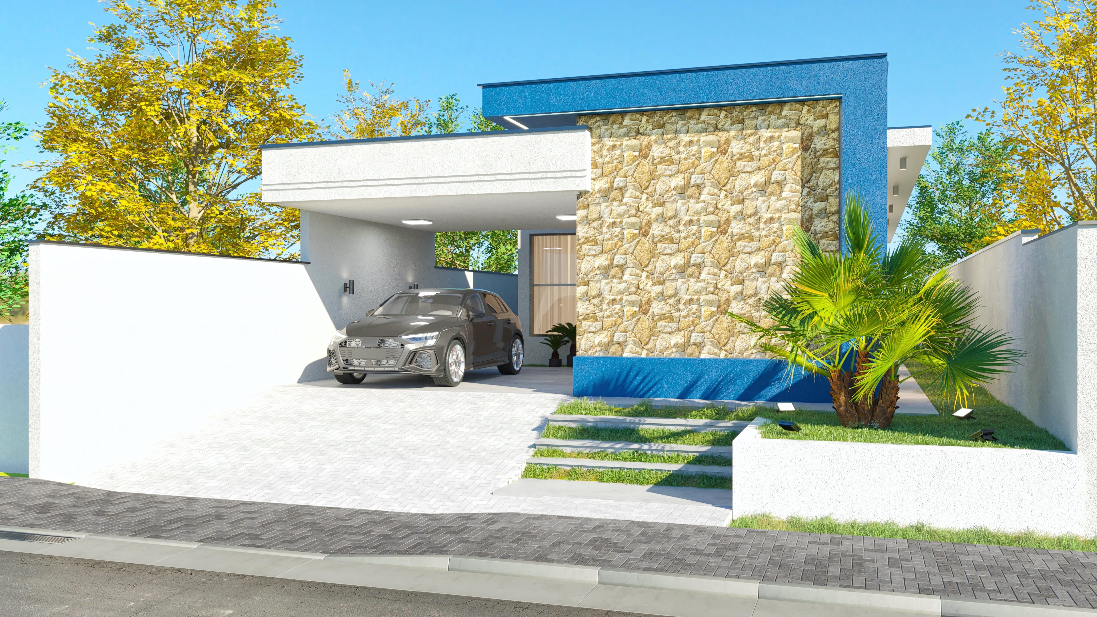Modern facade of a single-story house with natural stone details and a vibrant shade of blue, integrating outdoor areas with lush landscaping.