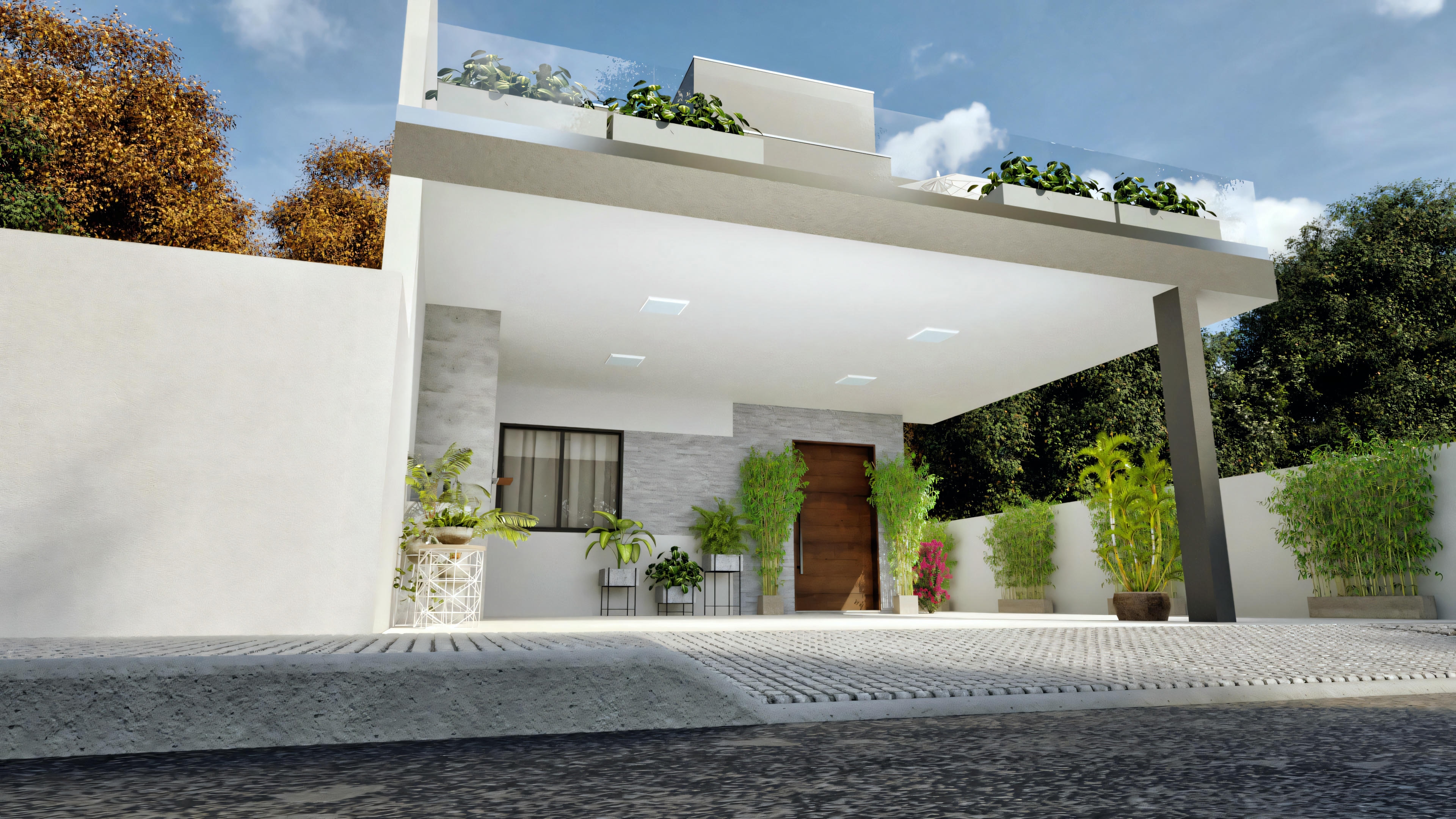 Facade of a modern house with a flat roof and prominent pillars.