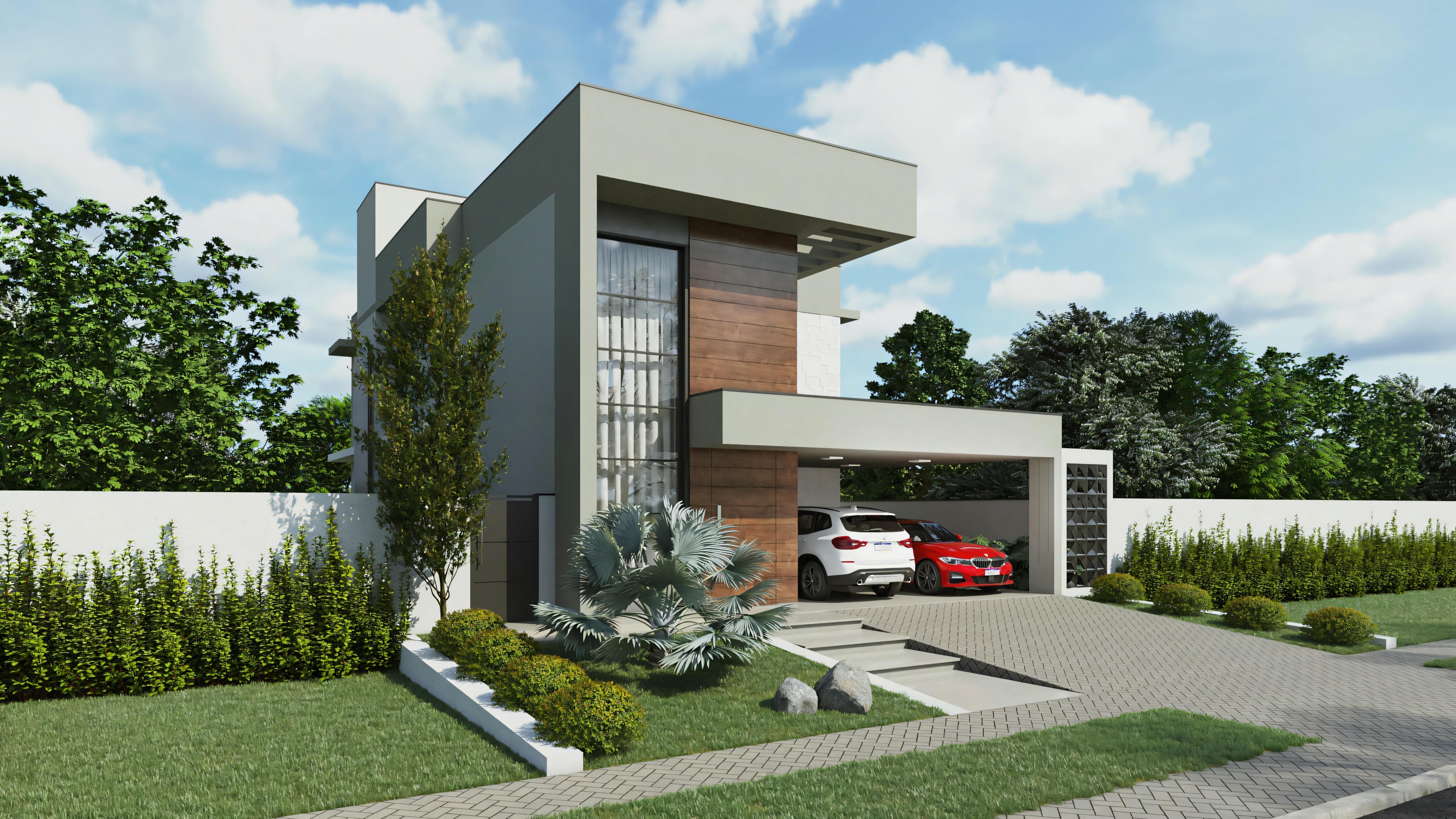 Modern house with contemporary facade, including large windows and garage.