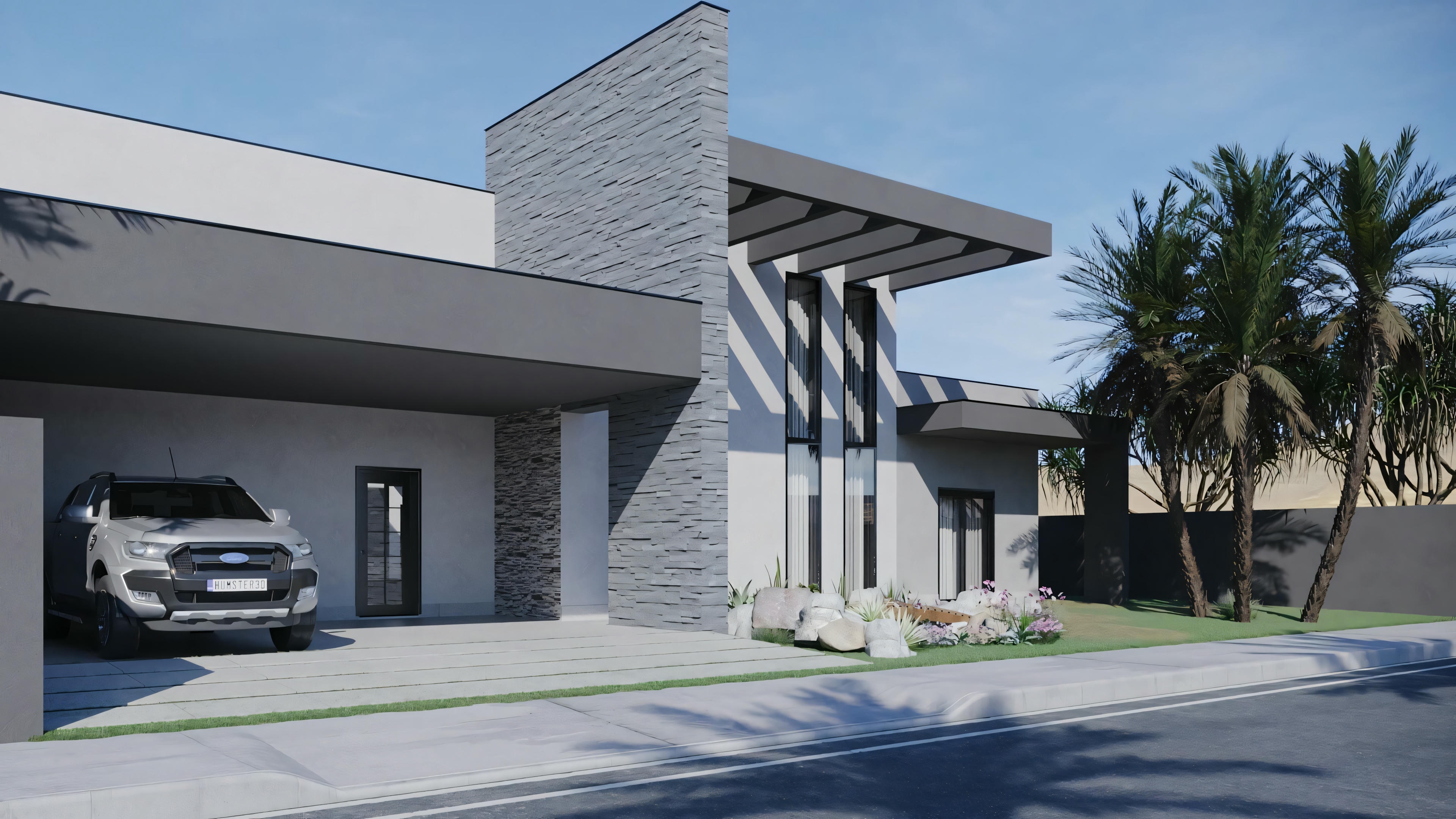 A modern house with a flat roof, large windows, and a car parked in the driveway.