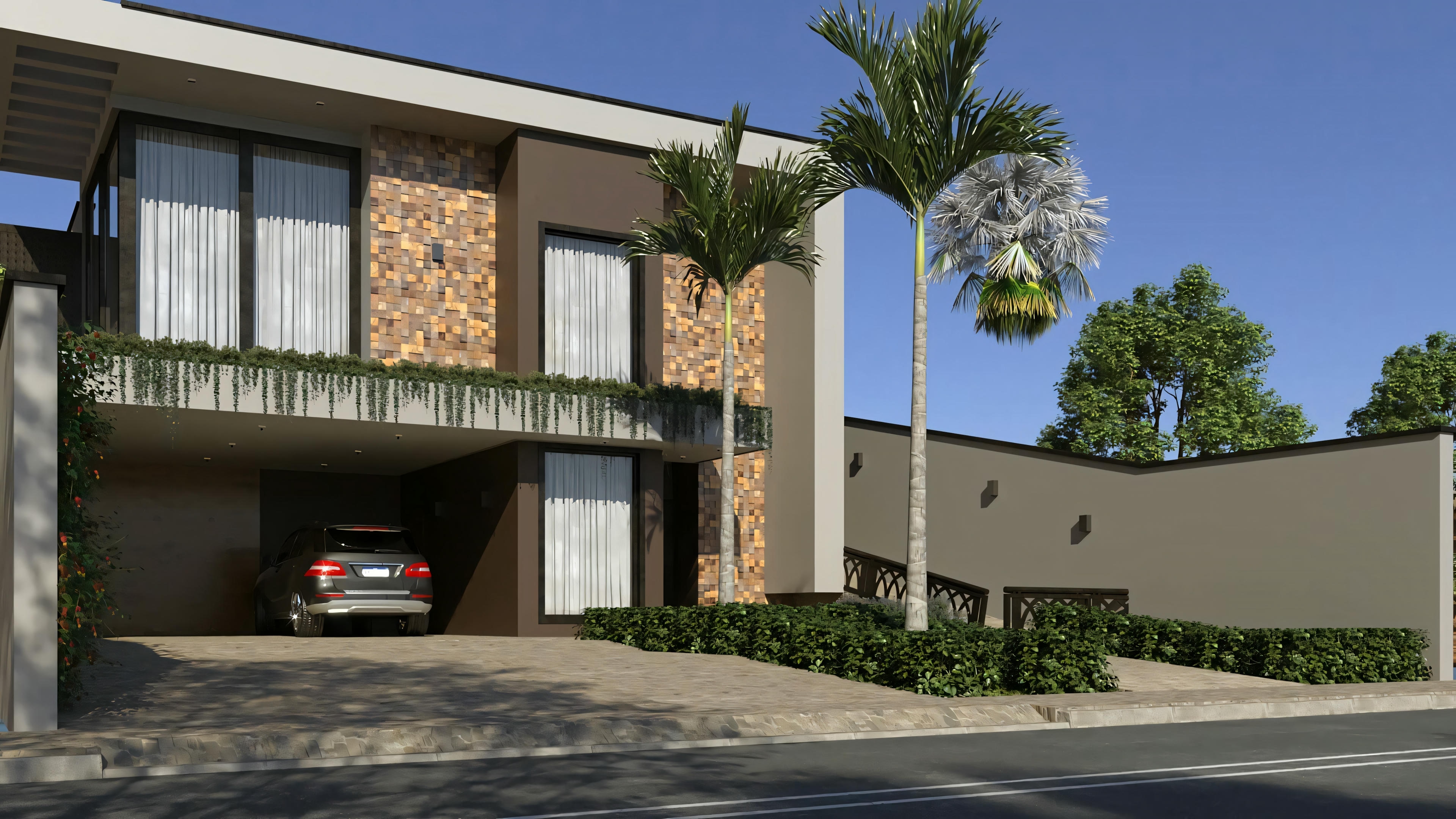 Two-story modern house with visible garage and a parked car, surrounded by vegetation including tall palm trees.