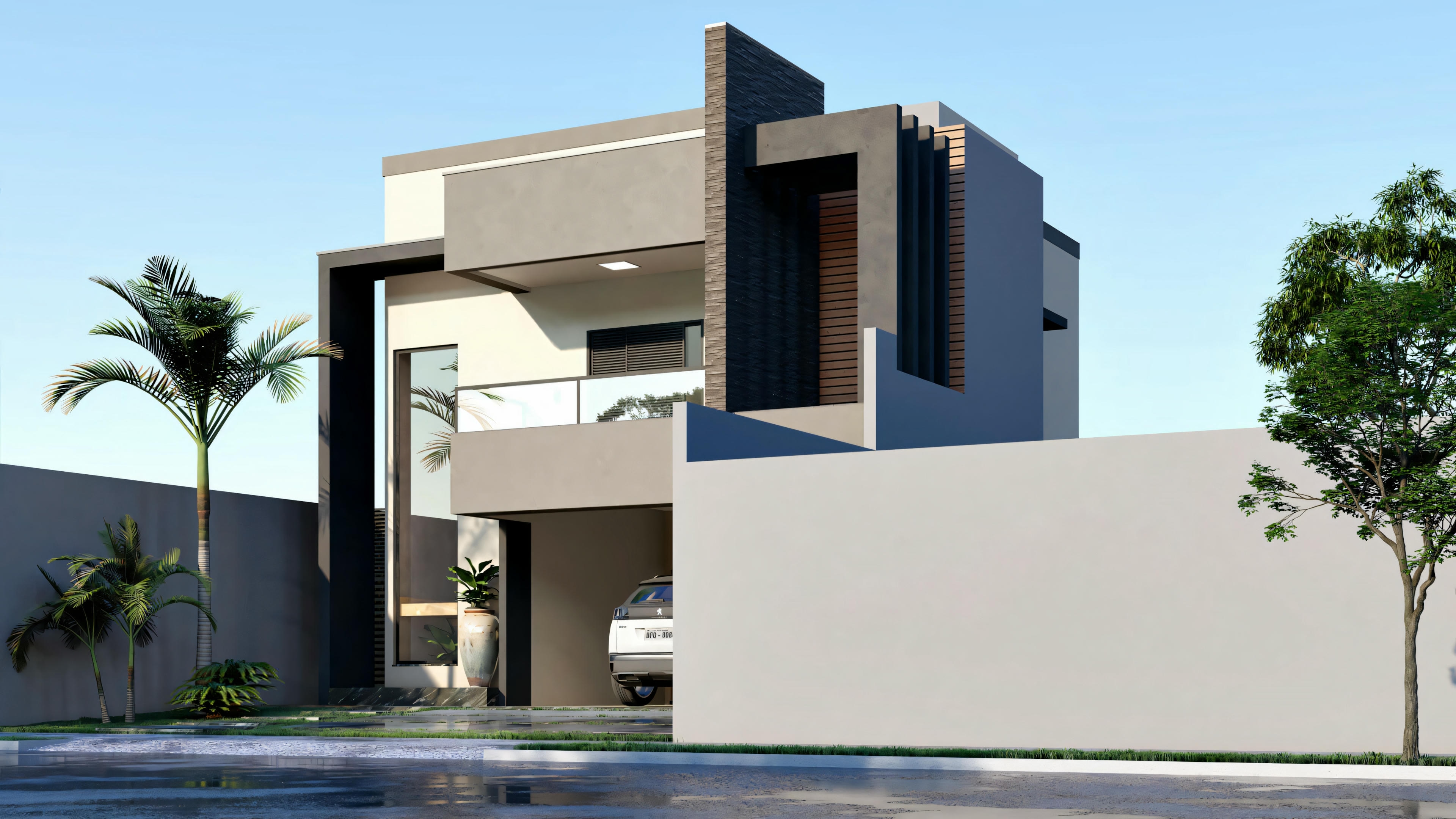 Digital rendering of a modern two-story house at midday.