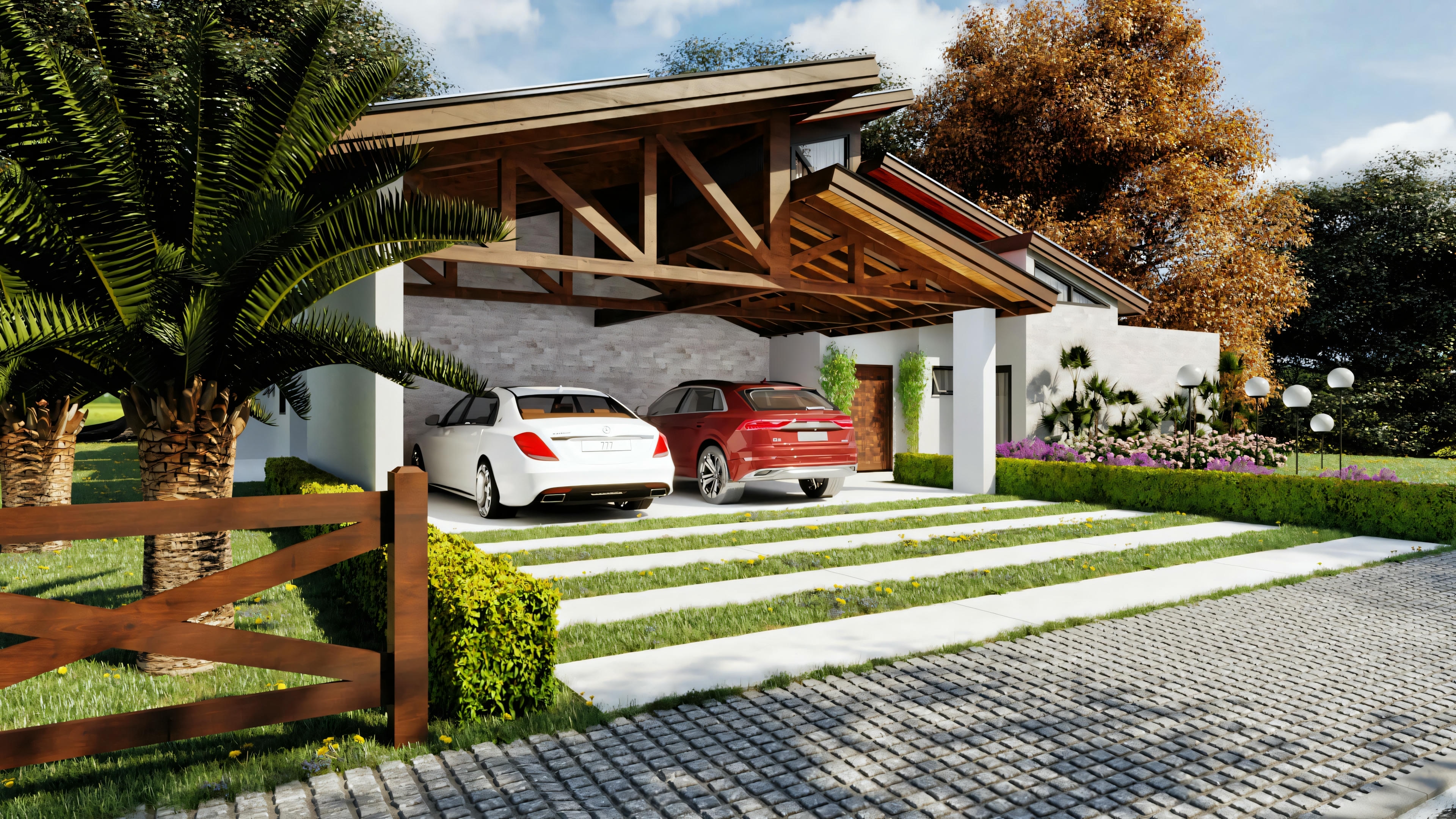 Modern house with sloping roof, large windows, and two cars parked in front, one white and one red.