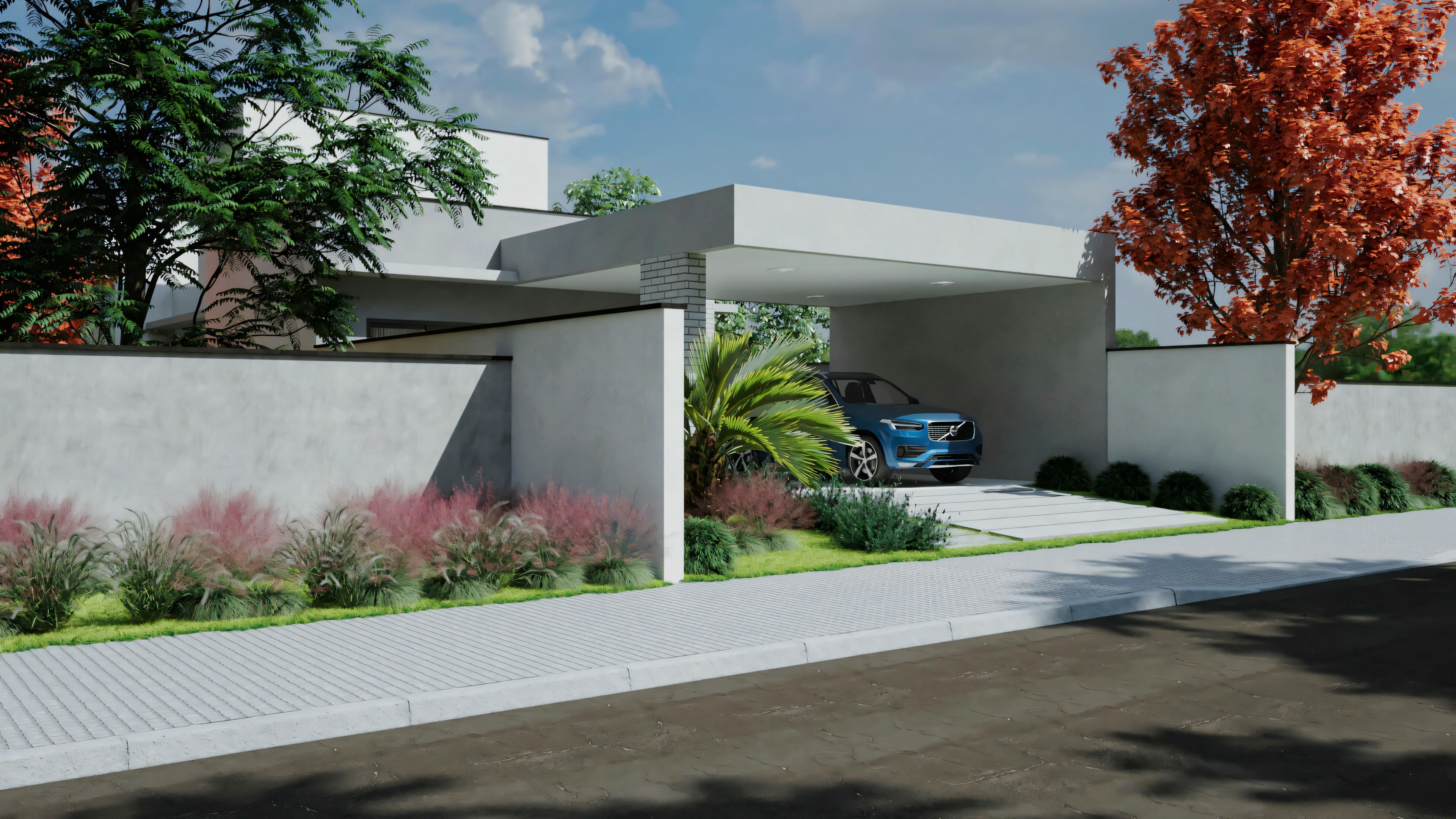 A modern house with similar architectural features, including an extended garage area and garden view.
